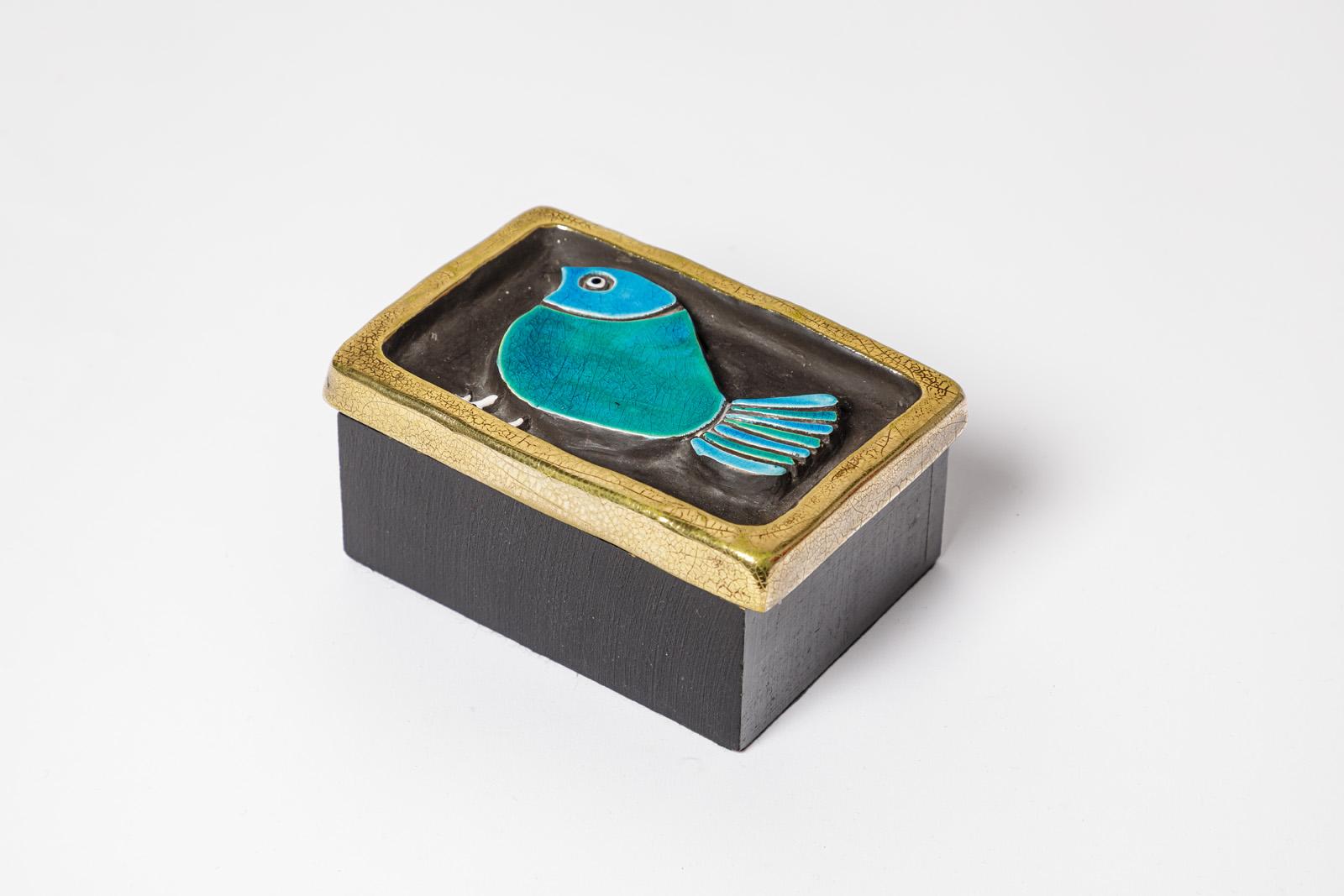 Mid-Century Modern Mithé Espelt Bleu et Or XXème Boîte décorative à bijoux en céramique du milieu du siècle 1960