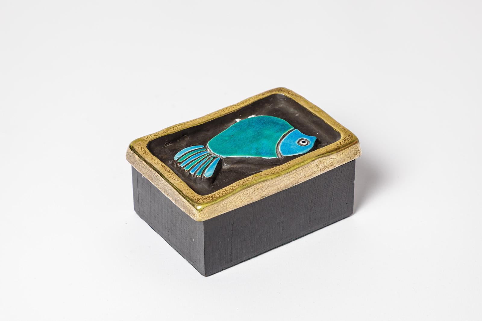 Français Mithé Espelt Bleu et Or XXème Boîte décorative à bijoux en céramique du milieu du siècle 1960