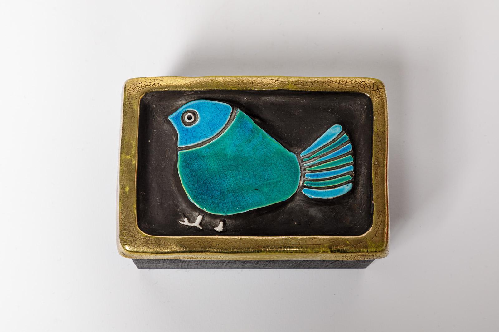 Mithé Espelt Bleu et Or XXème Boîte décorative à bijoux en céramique du milieu du siècle 1960 Excellent état à Neuilly-en- sancerre, FR