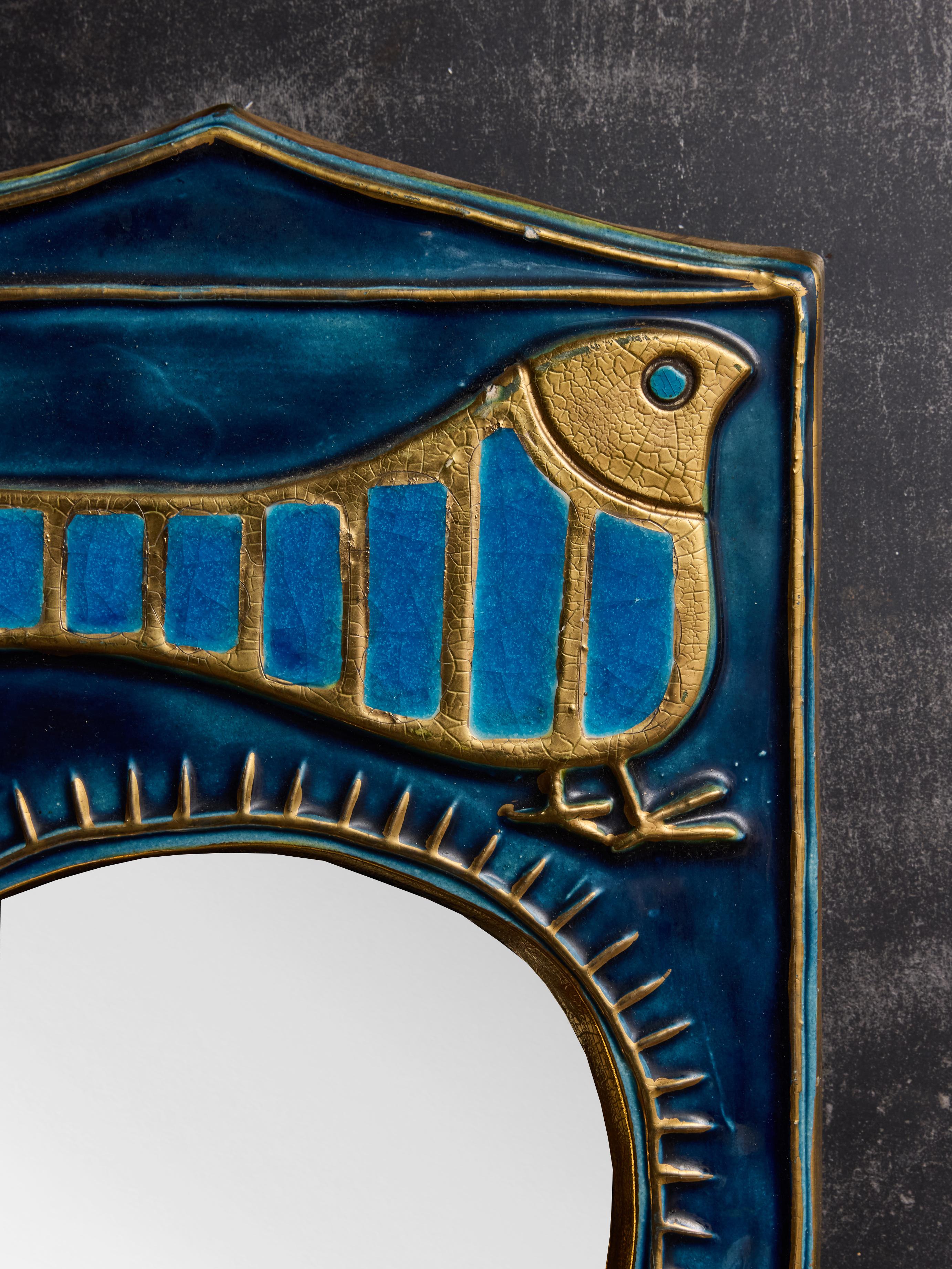 French Mithe Espelt Blue Ceramic and Birds Decor Mirror For Sale