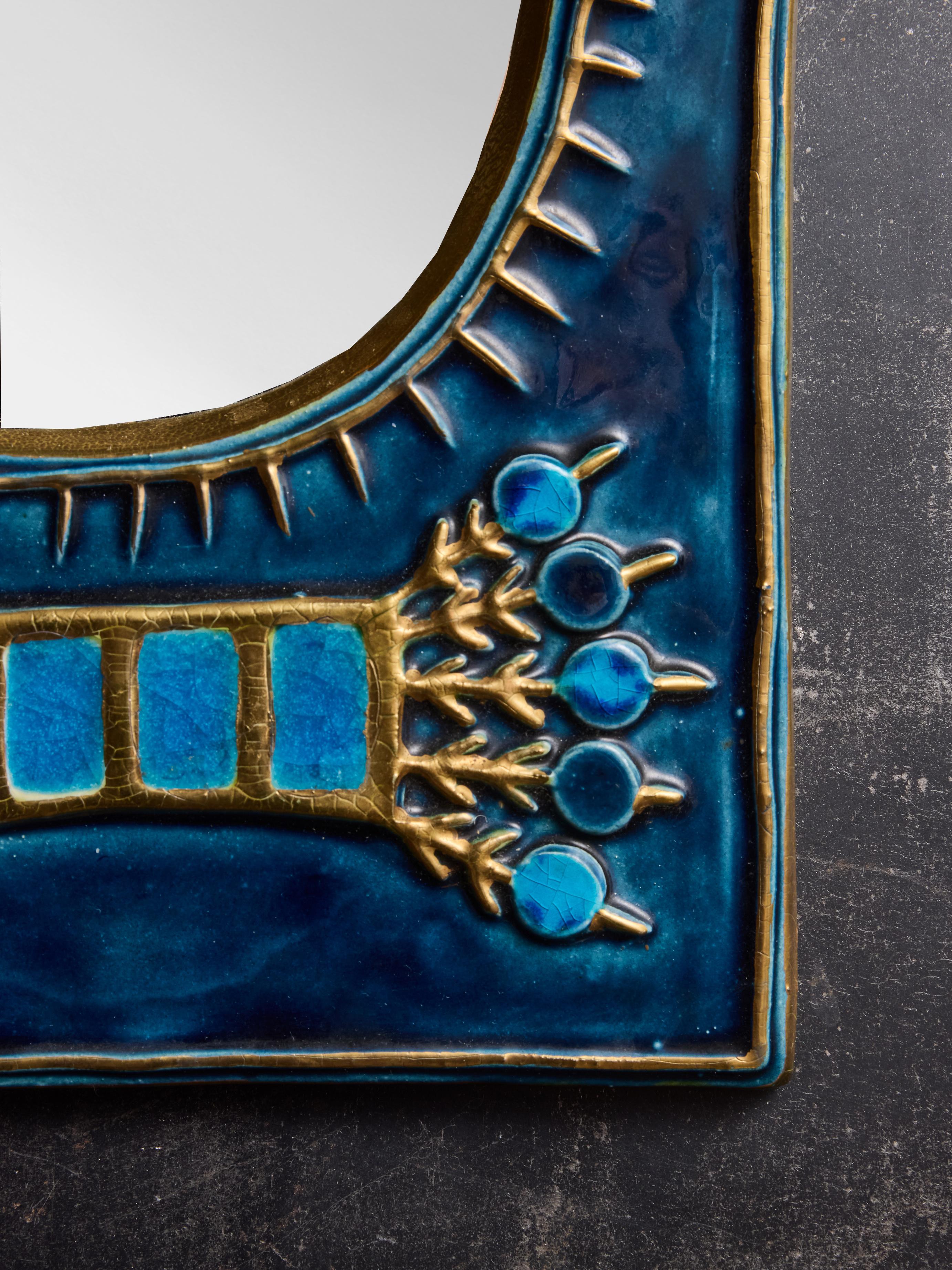 Mithe Espelt Blue Ceramic and Birds Decor Mirror In Good Condition For Sale In Saint-Ouen, IDF