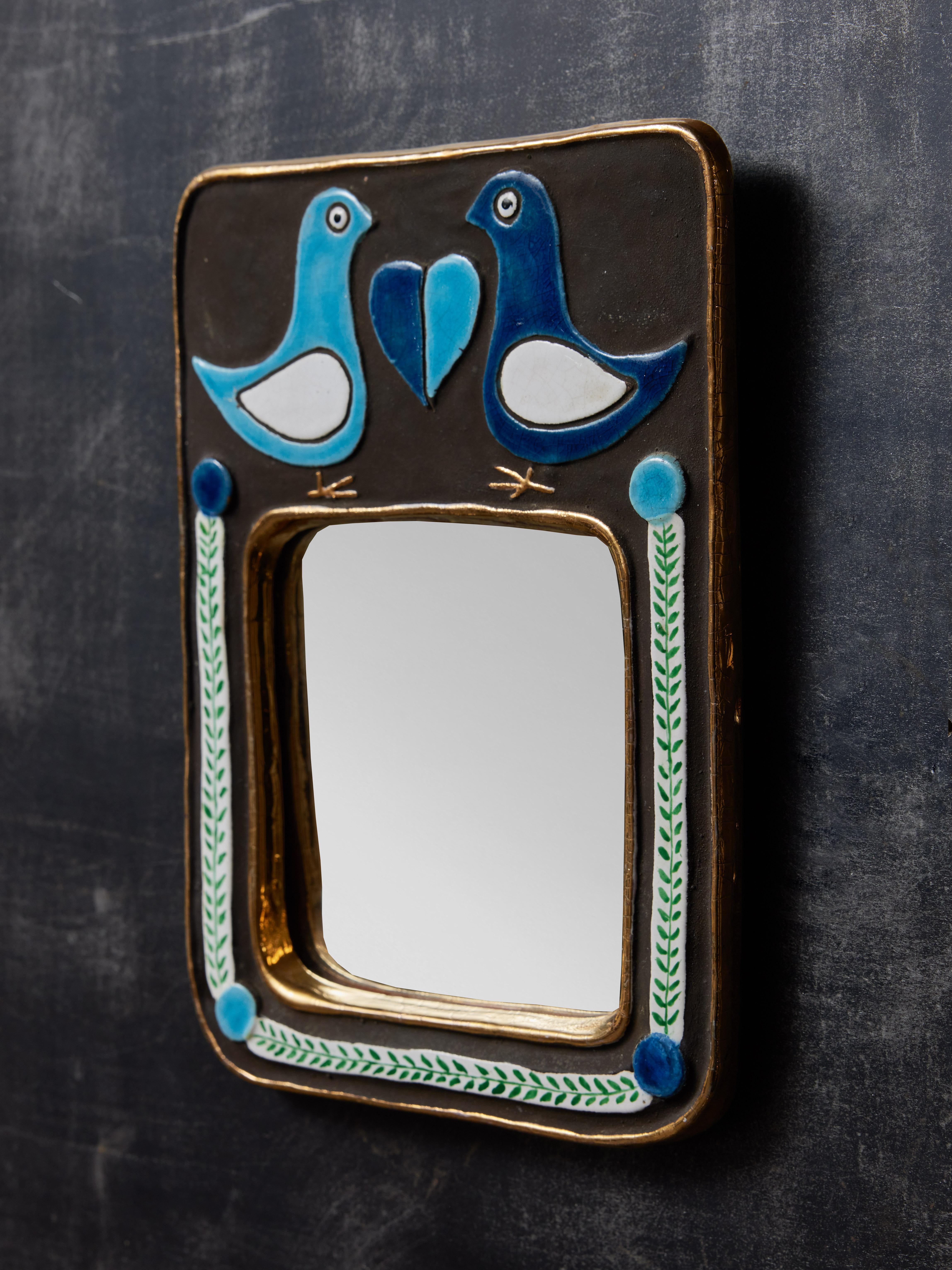 Mithe Espelt Blauer Spiegel mit Vögeln Dekors (Moderne der Mitte des Jahrhunderts)
