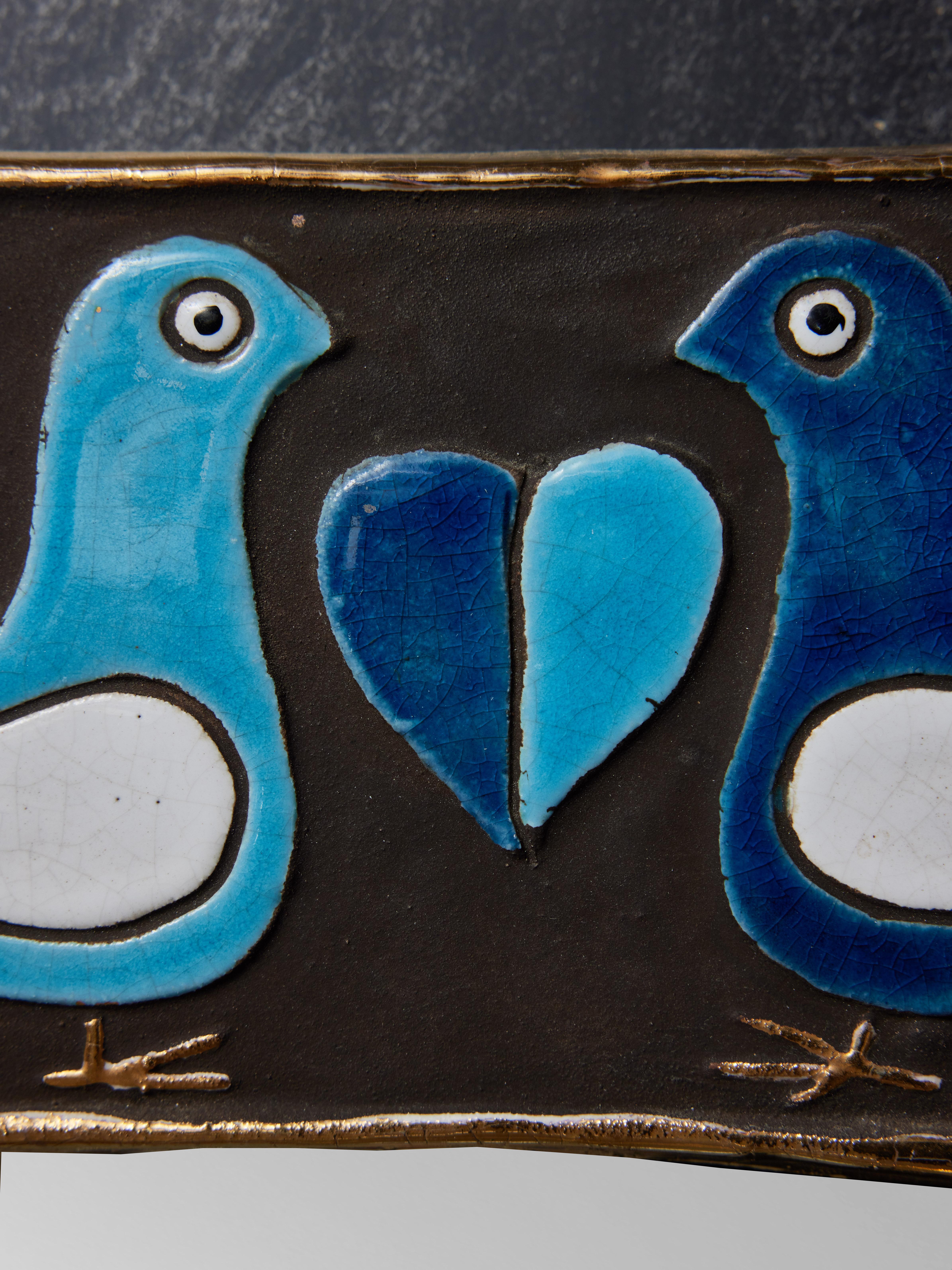 Mid-Century Modern Mithe Espelt Blue Mirror with Birds Decors