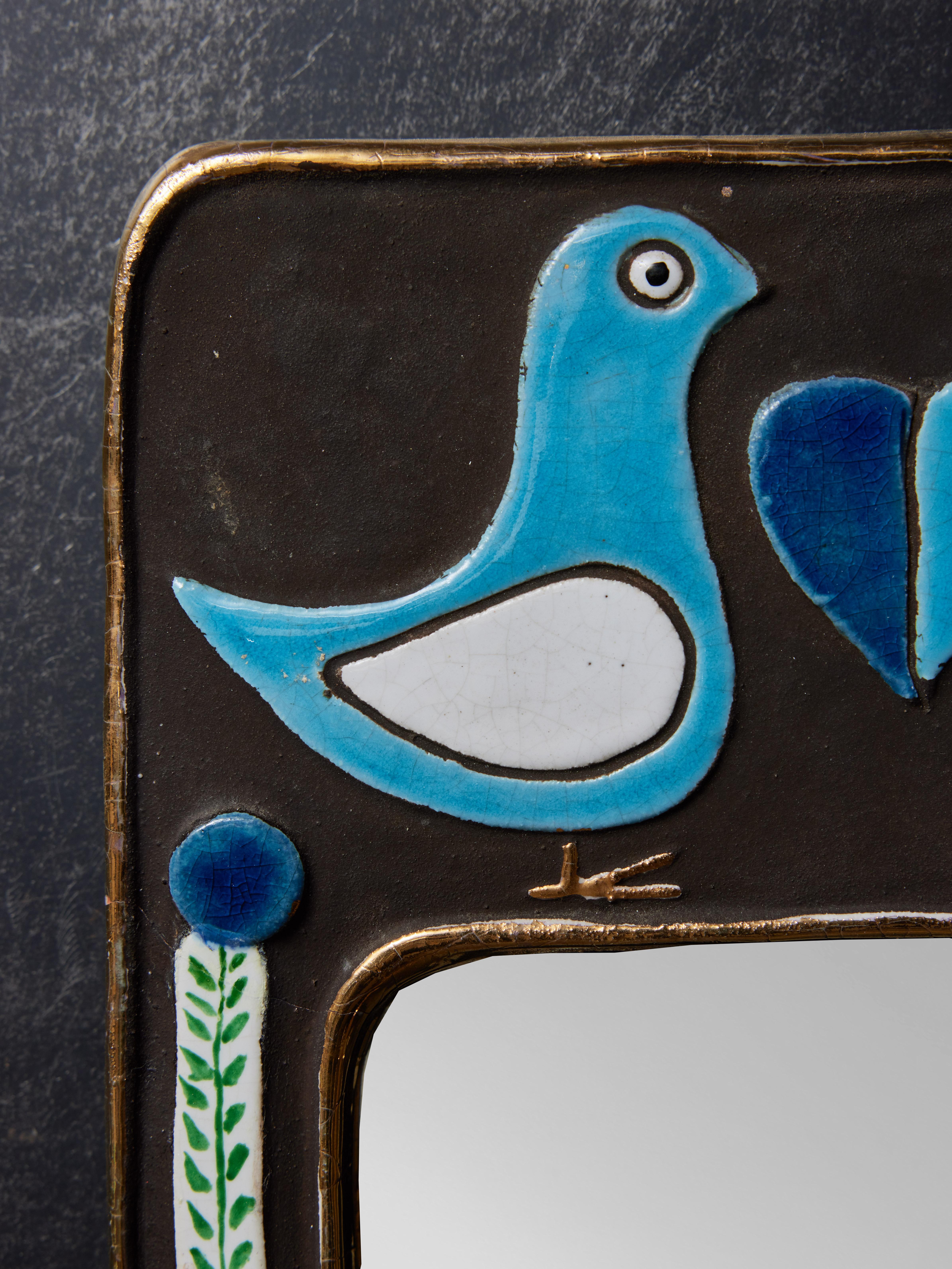 Mithe Espelt Blauer Spiegel mit Vögeln Dekors im Zustand „Gut“ in Saint-Ouen, IDF