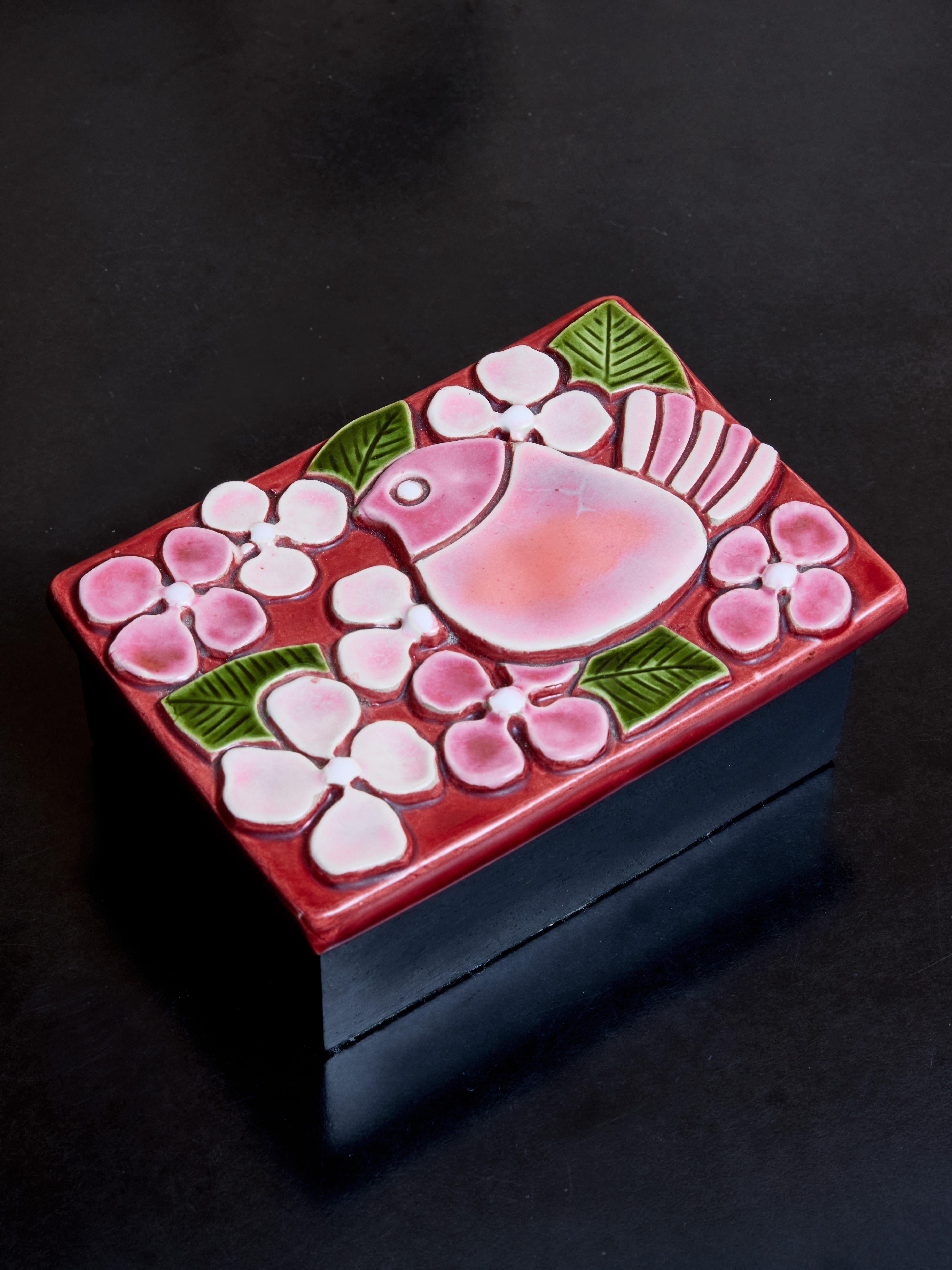 Mid-Century Modern Mithé Espelt Ceramic Box with Bird Decor