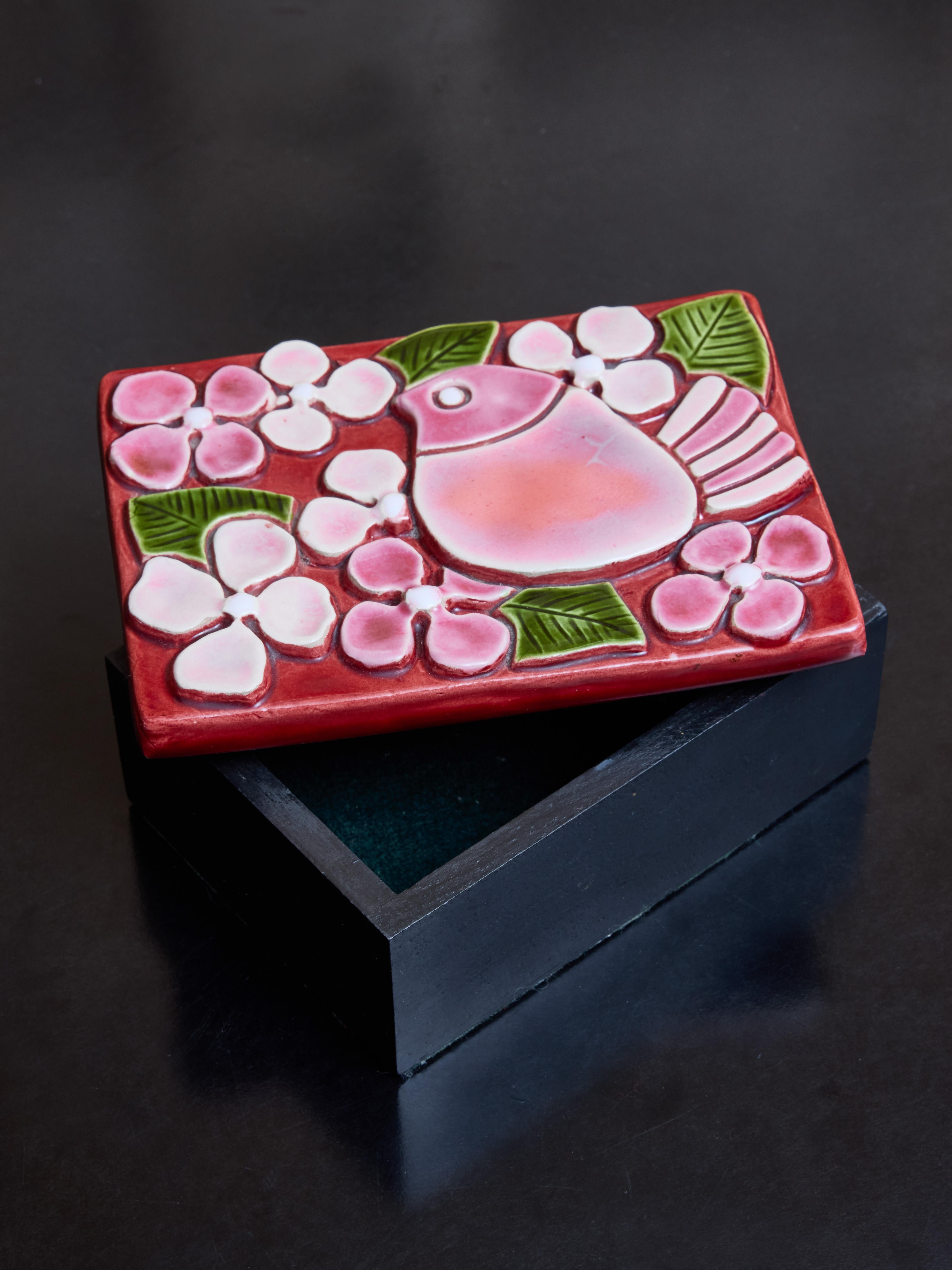 Mid-20th Century Mithé Espelt Ceramic Box with Bird Decor