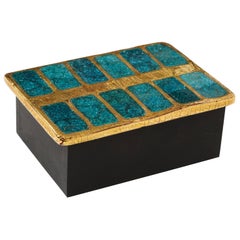 Mithe Espelt Ceramic Gold and Blue Enamel Box, France, 1960
