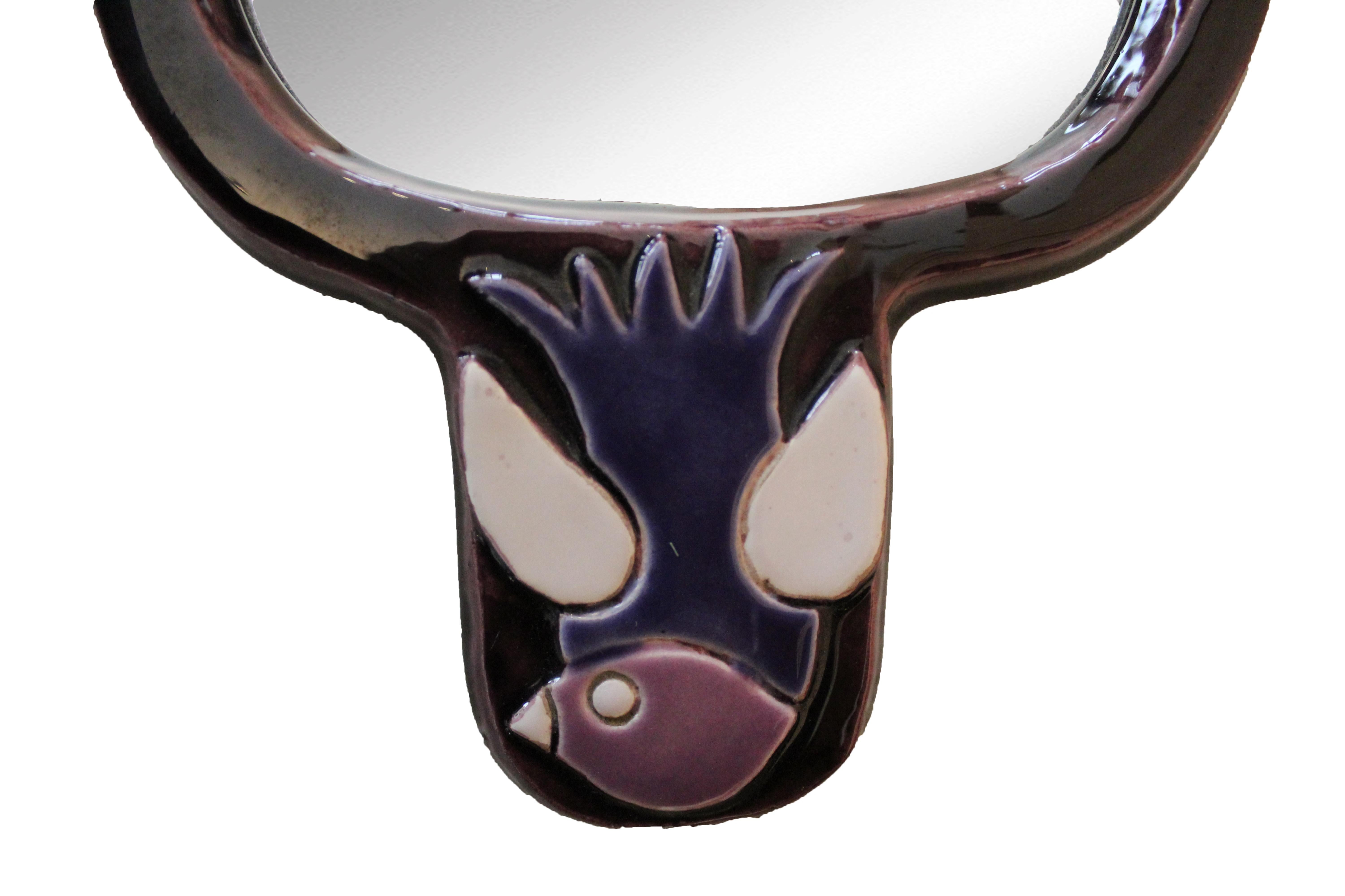 Mid-Century Modern Mithé Espelt Ceramic Hand Mirror, circa 1960, France For Sale