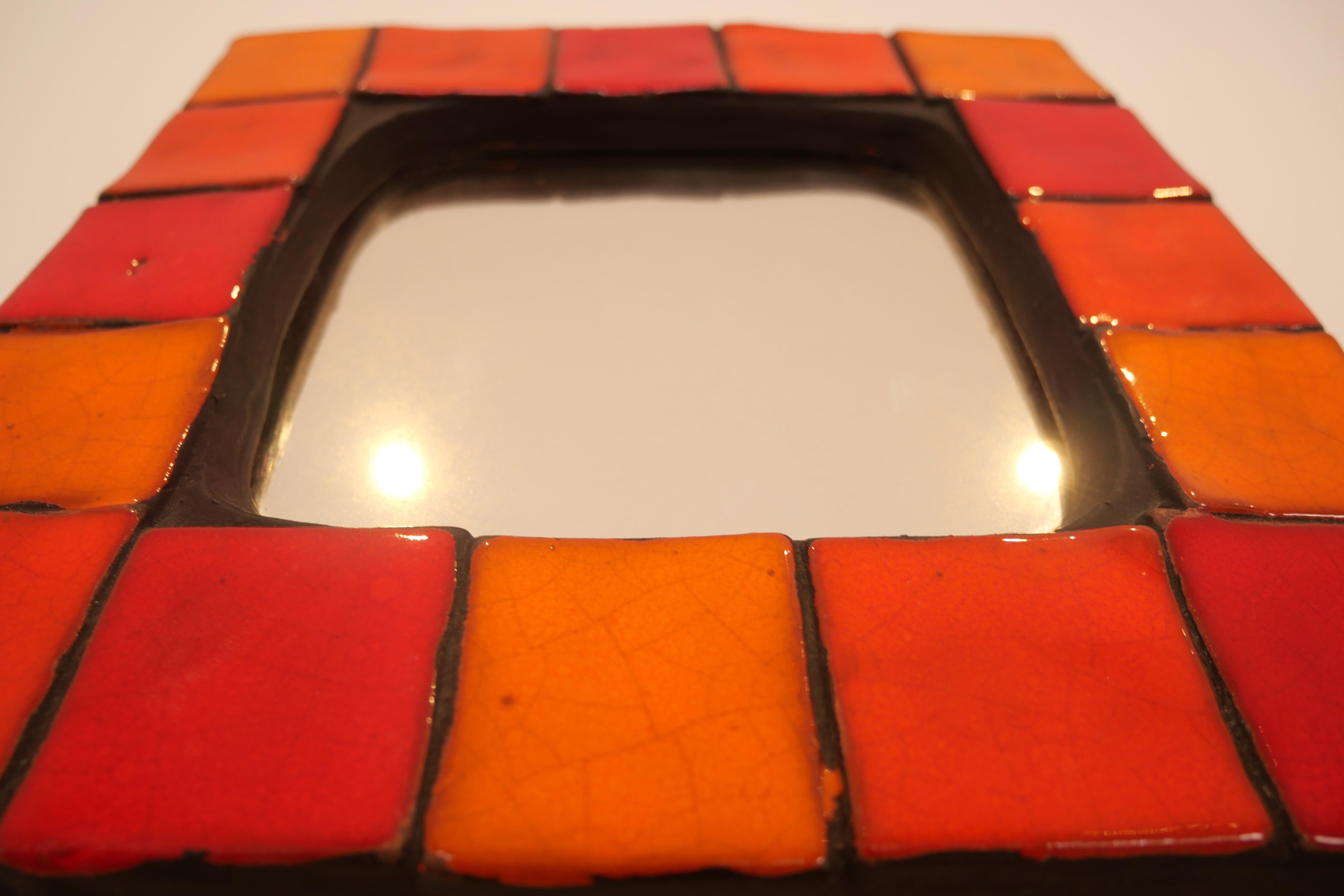 European Mithe Espelt Ceramic Mirror in Various Shades of Red and Orange 60's For Sale