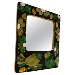 Mithé Espelt Ceramic Mirror with Birds and Flowers, France c. 1970