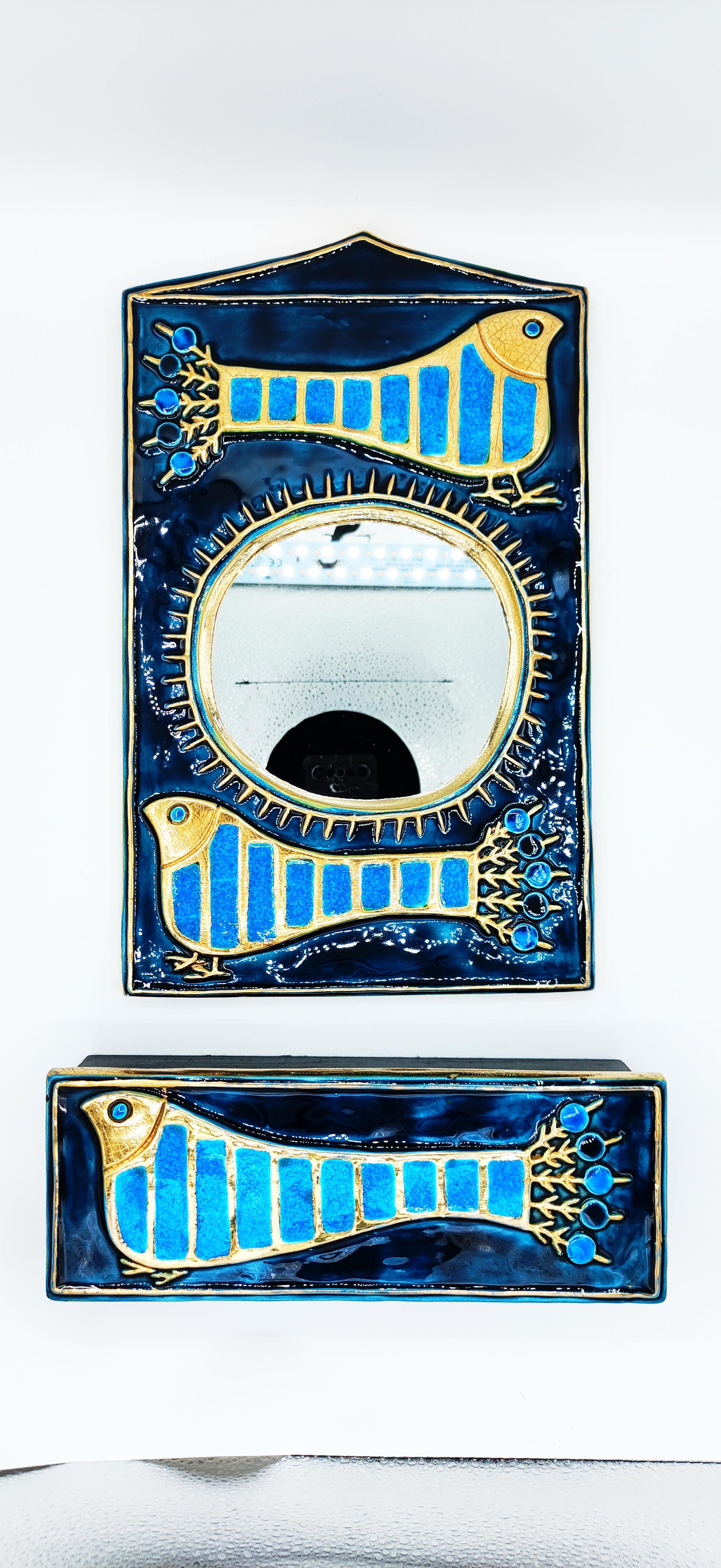 French Mithé Espelt Ceramic Set Mirror and Box, France 1960s