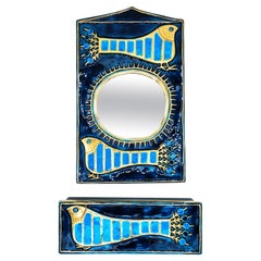 Mithé Espelt Ceramic Set Mirror and Box, France 1960s