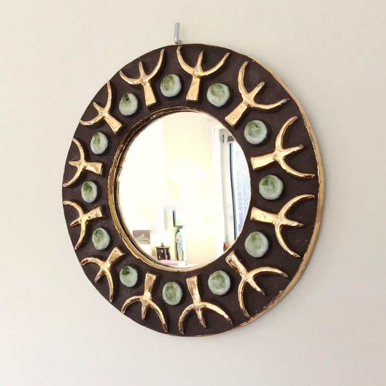 Mid-Century Modern Mithe Espelt Ceramic Wall Mirror, circa 1970, France For Sale