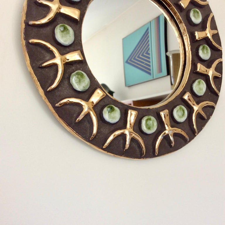 French Mithe Espelt Ceramic Wall Mirror, circa 1970, France For Sale