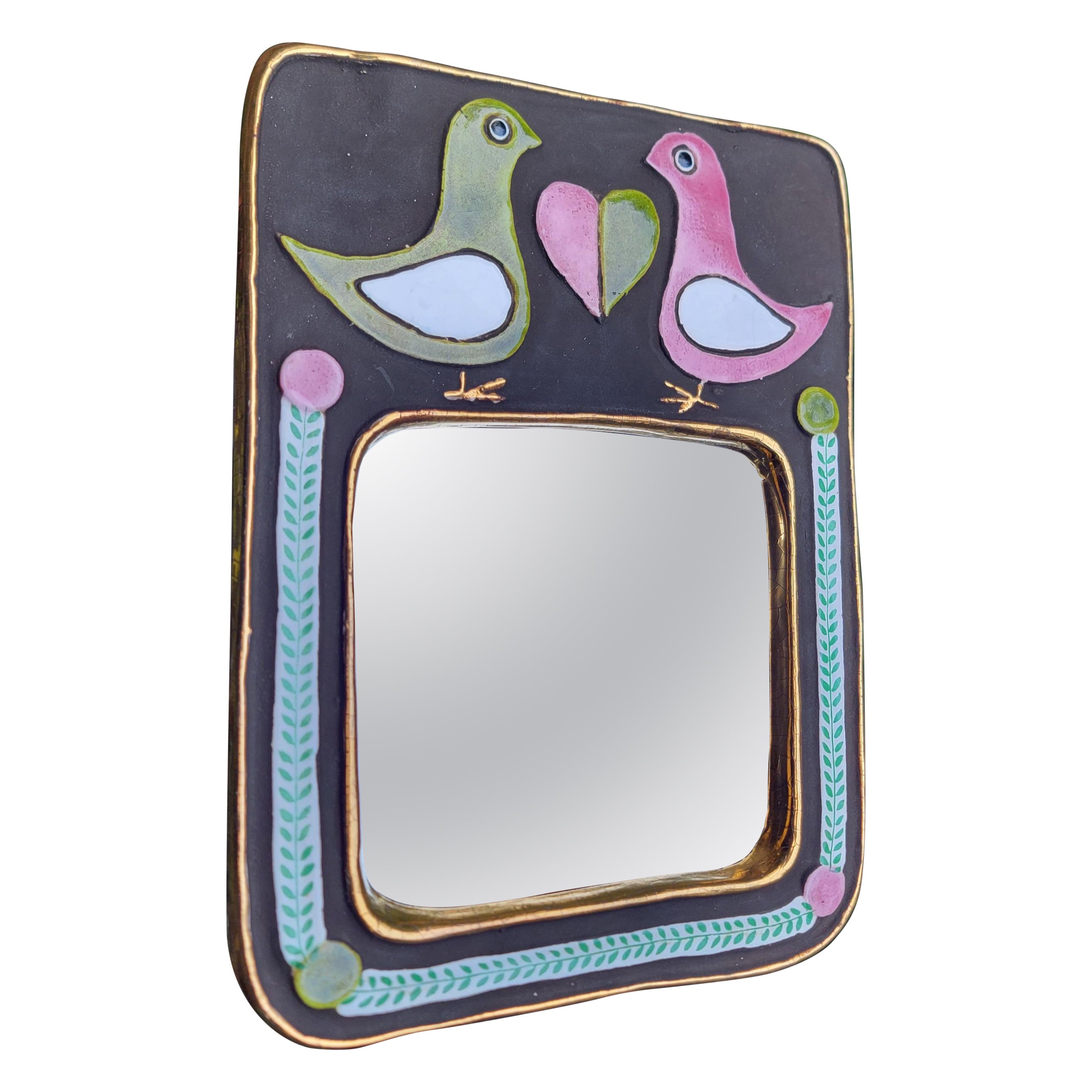 Mithe Espelt Ceramic Wall Mirror Pink & Green Birds For Sale