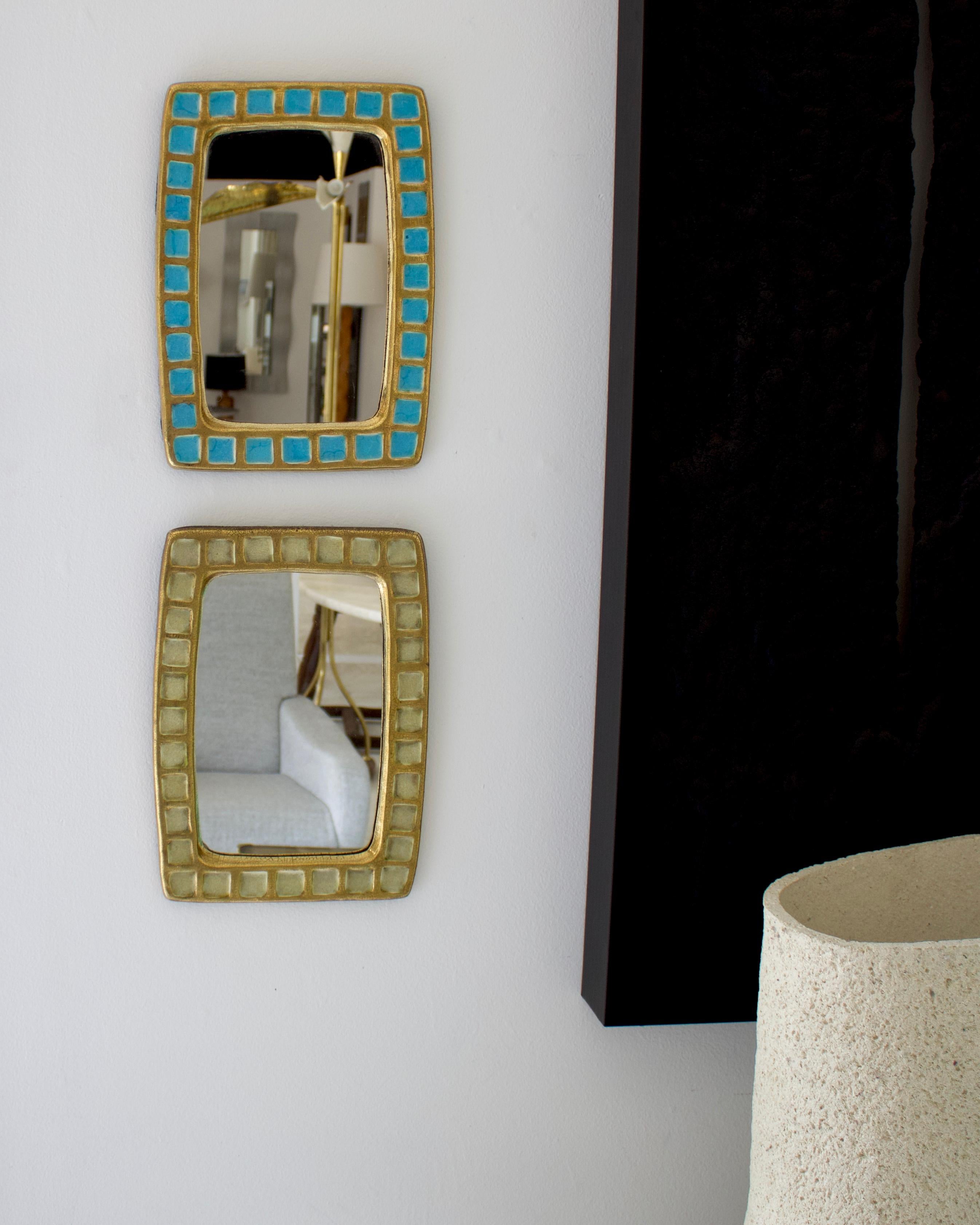 Mithé Espelt French Gold Ceramic and Fused Blue Glass Rectangular Mirror For Sale 5