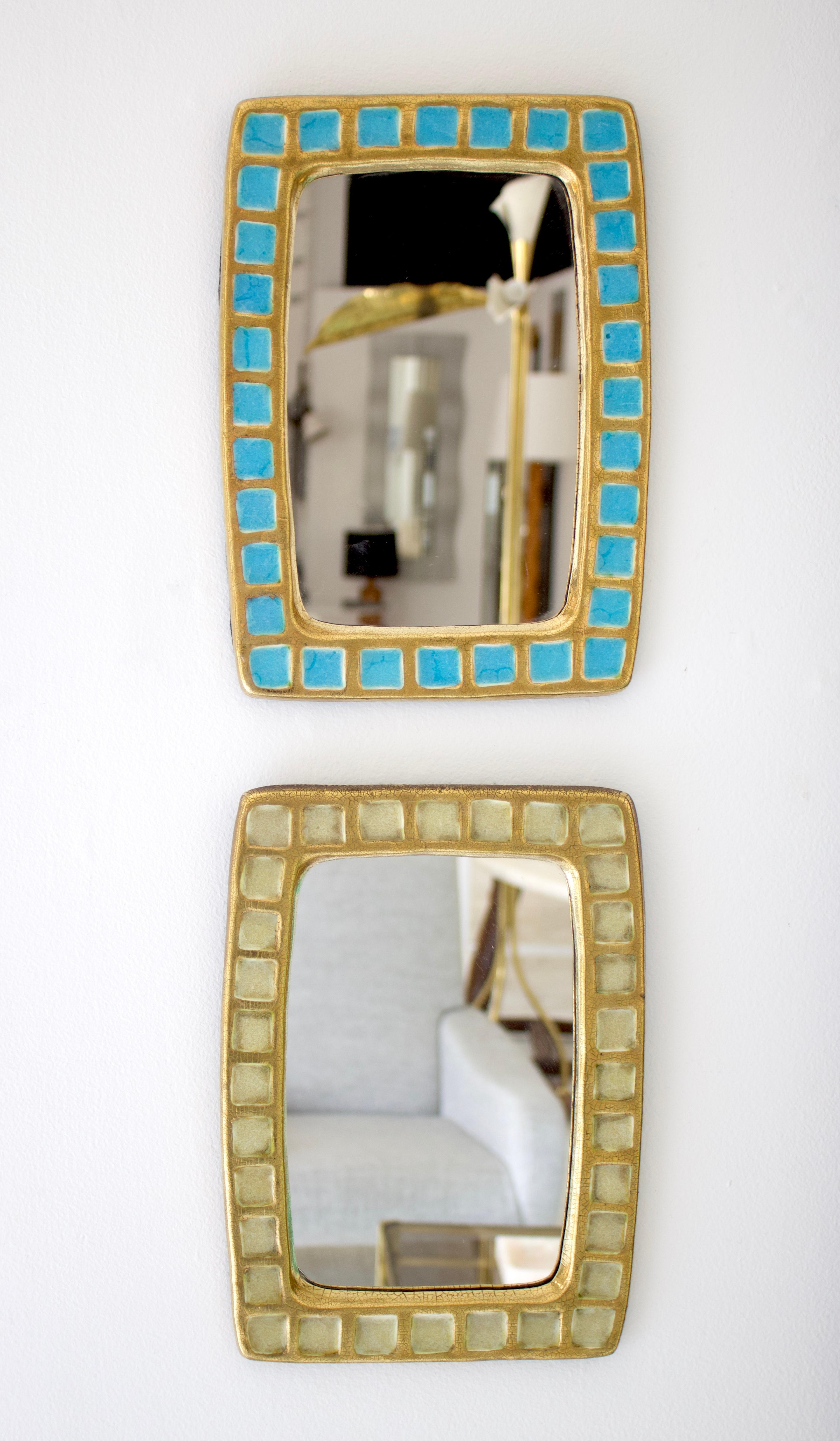 Mithé Espelt French Gold Ceramic and Fused Blue Glass Rectangular Mirror For Sale 6