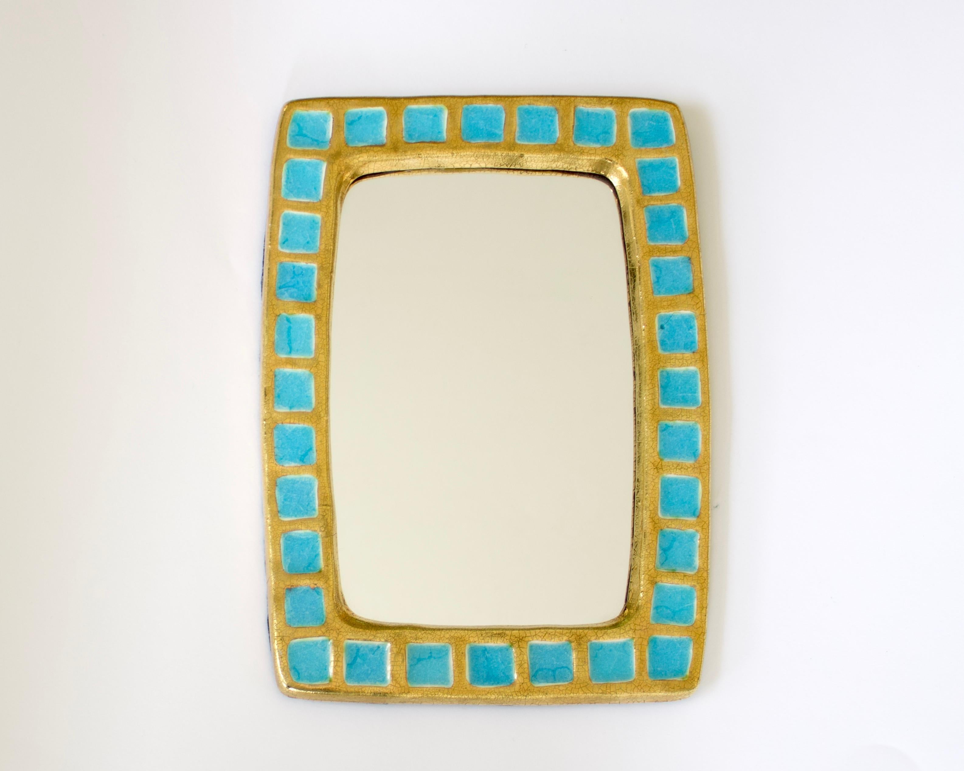 Mid-Century Modern Mithé Espelt French Gold Ceramic and Fused Blue Glass Rectangular Mirror For Sale