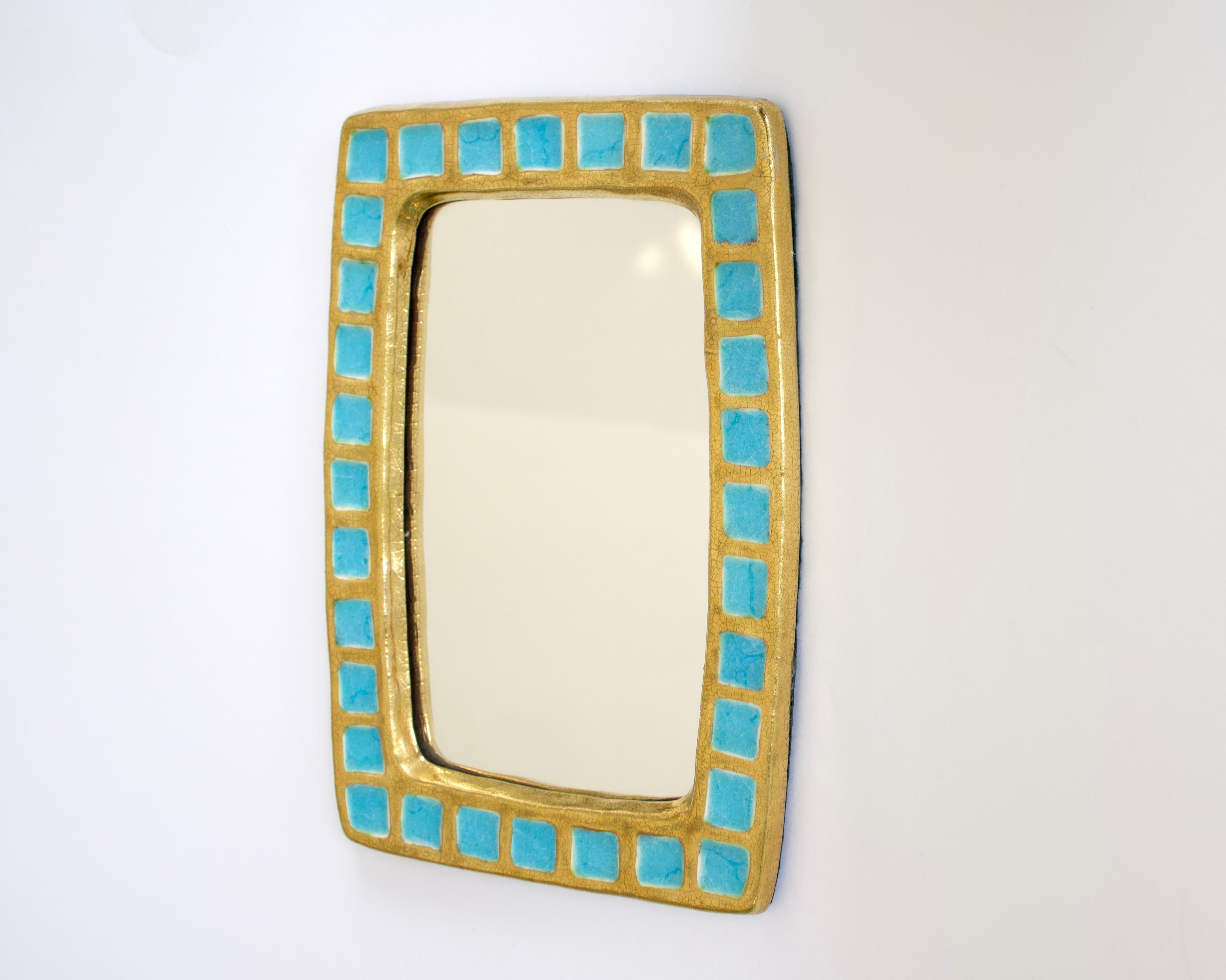 Mithé Espelt French Gold Ceramic and Fused Blue Glass Rectangular Mirror In Good Condition For Sale In Chicago, IL
