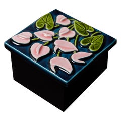 Mithé Espelt Glazed Ceramic and Wood Box with Stylized Floral Motif