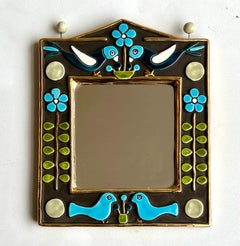 Mithé Espelt mirror "Bocage" French, 1970, enameled ceramic and crackled gold
