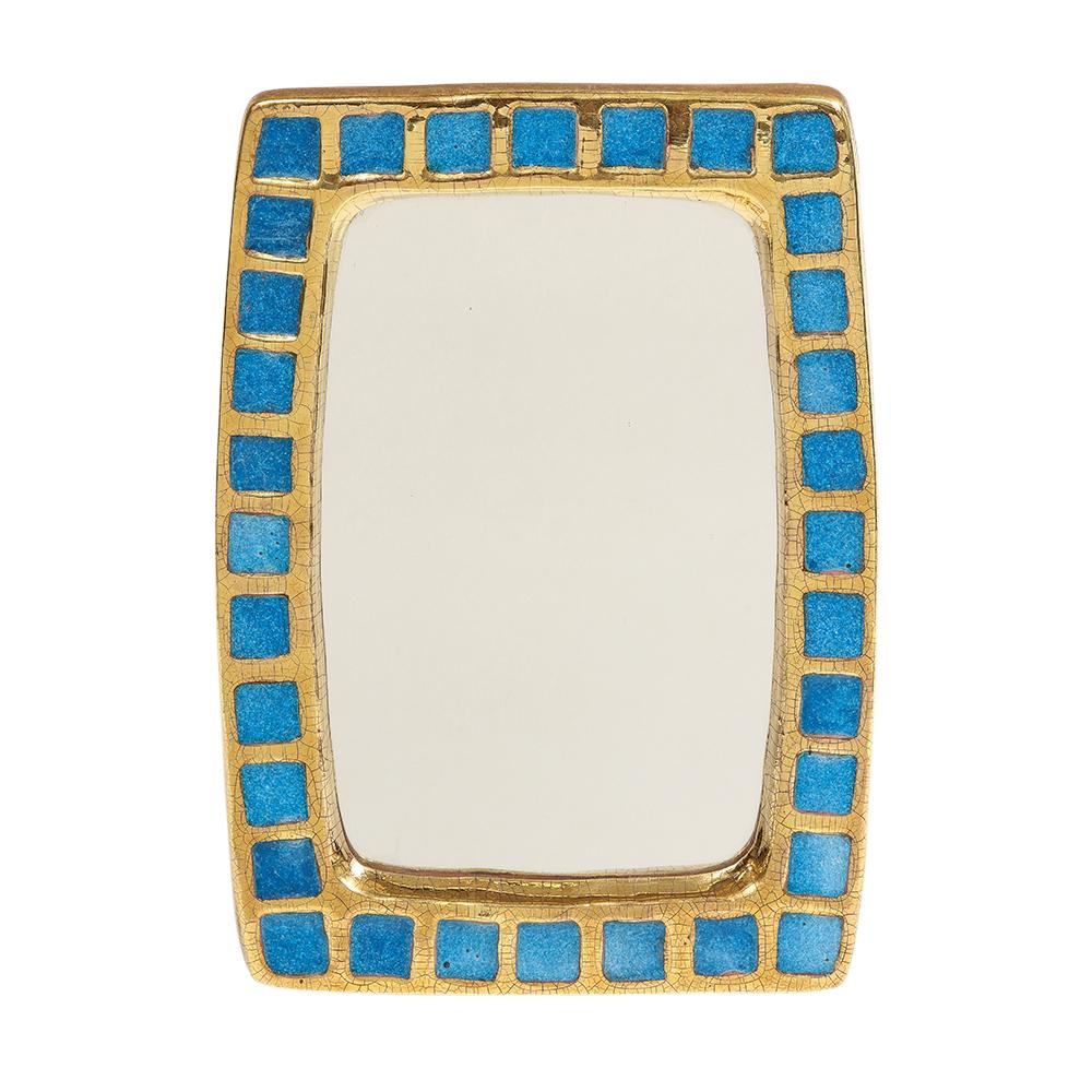 Mithé Espelt mirror, ceramic, gold, blue, fused glass. Small scale rectangular gold crackle glazed hand crafted mirror with sky blue fused glass. According to A. Candau's book, 
