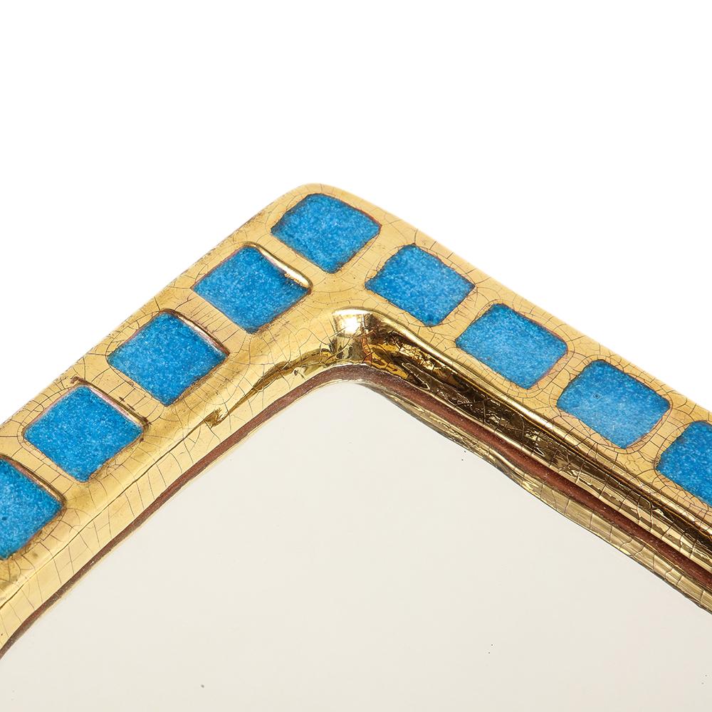 Mid-Century Modern Mithé Espelt Mirror, Ceramic, Gold, Blue, Fused Glass For Sale