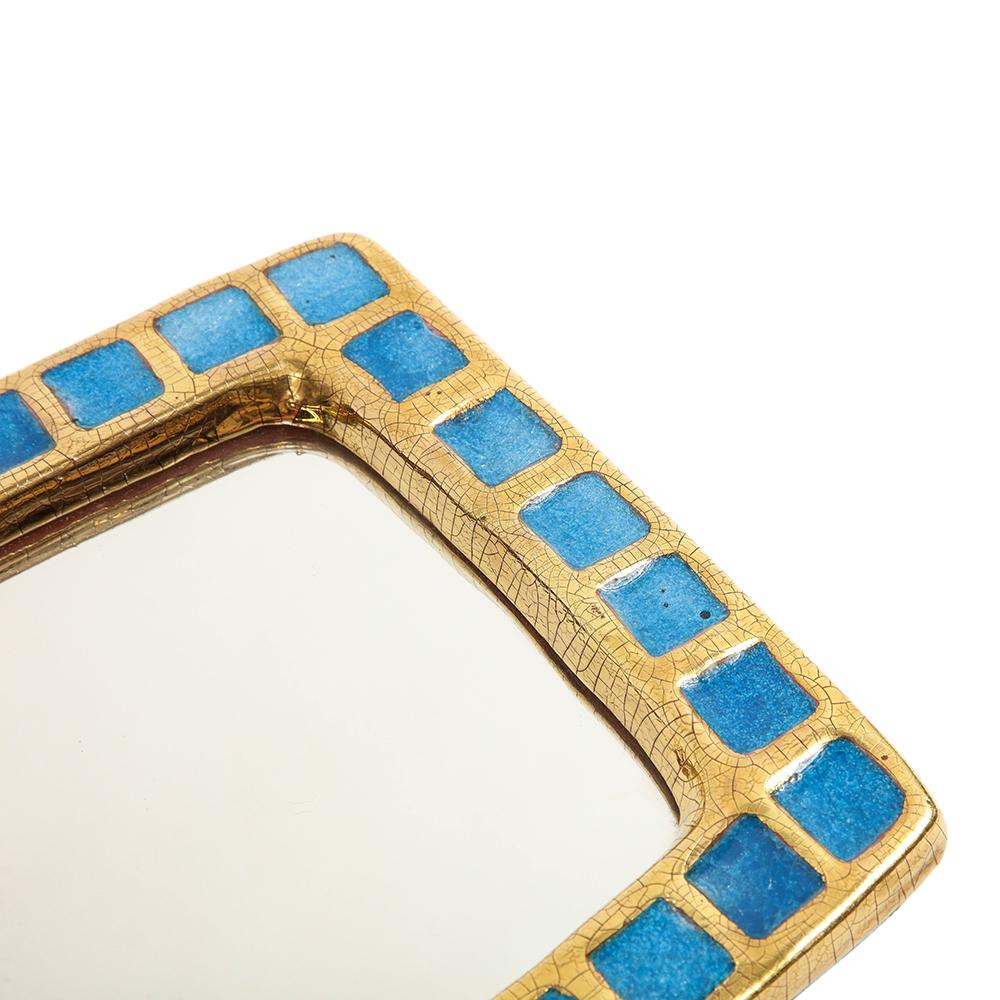 French Mithé Espelt Mirror, Ceramic, Gold, Blue, Fused Glass For Sale