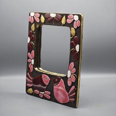 Mithé Espelt " Moineaux " Spiegel aus glasierter Keramik. Frankreich, um 1965