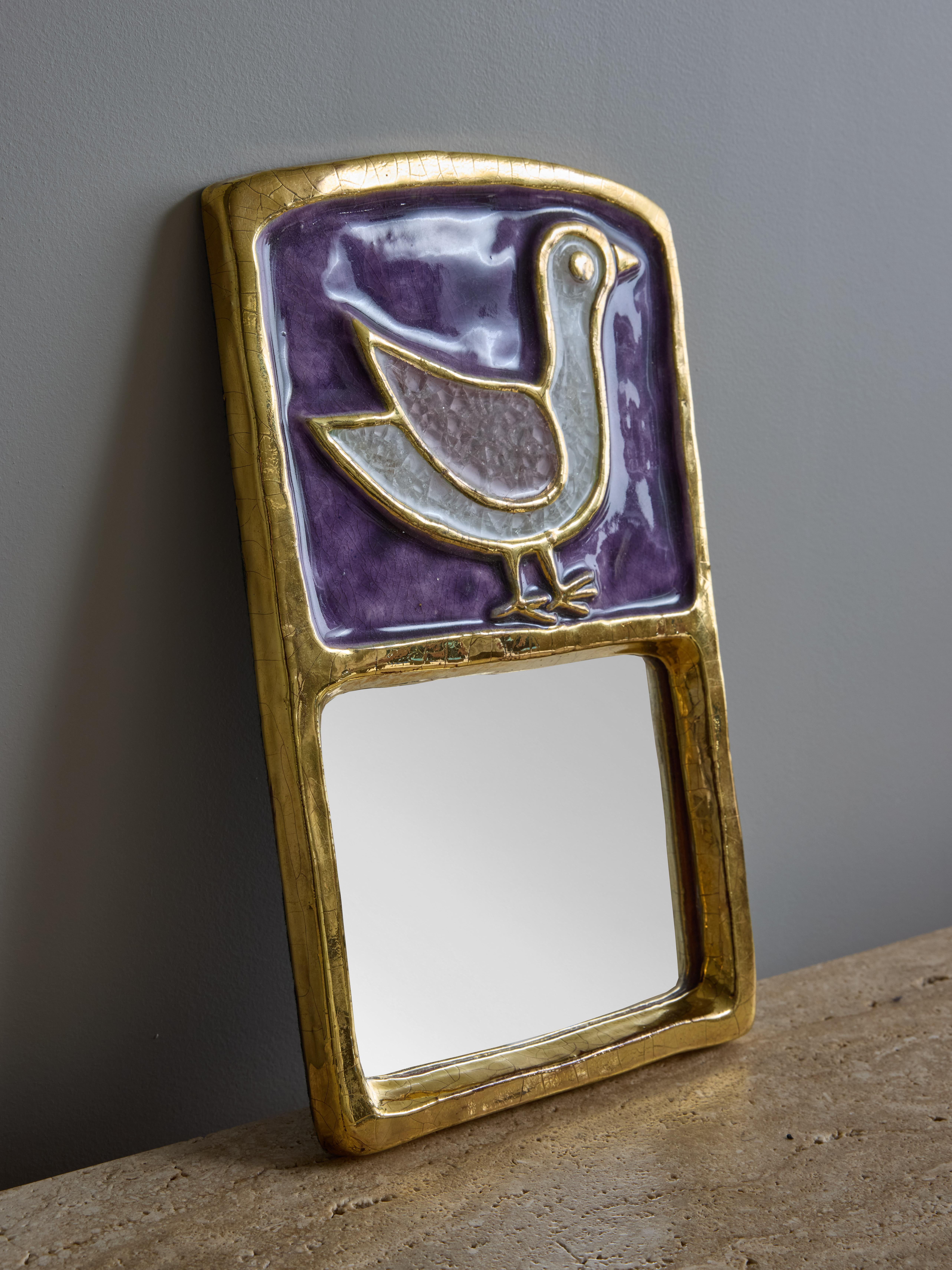 Mithe Espelt Lila Keramik und Vogel Decor Mirror (Moderne der Mitte des Jahrhunderts) im Angebot