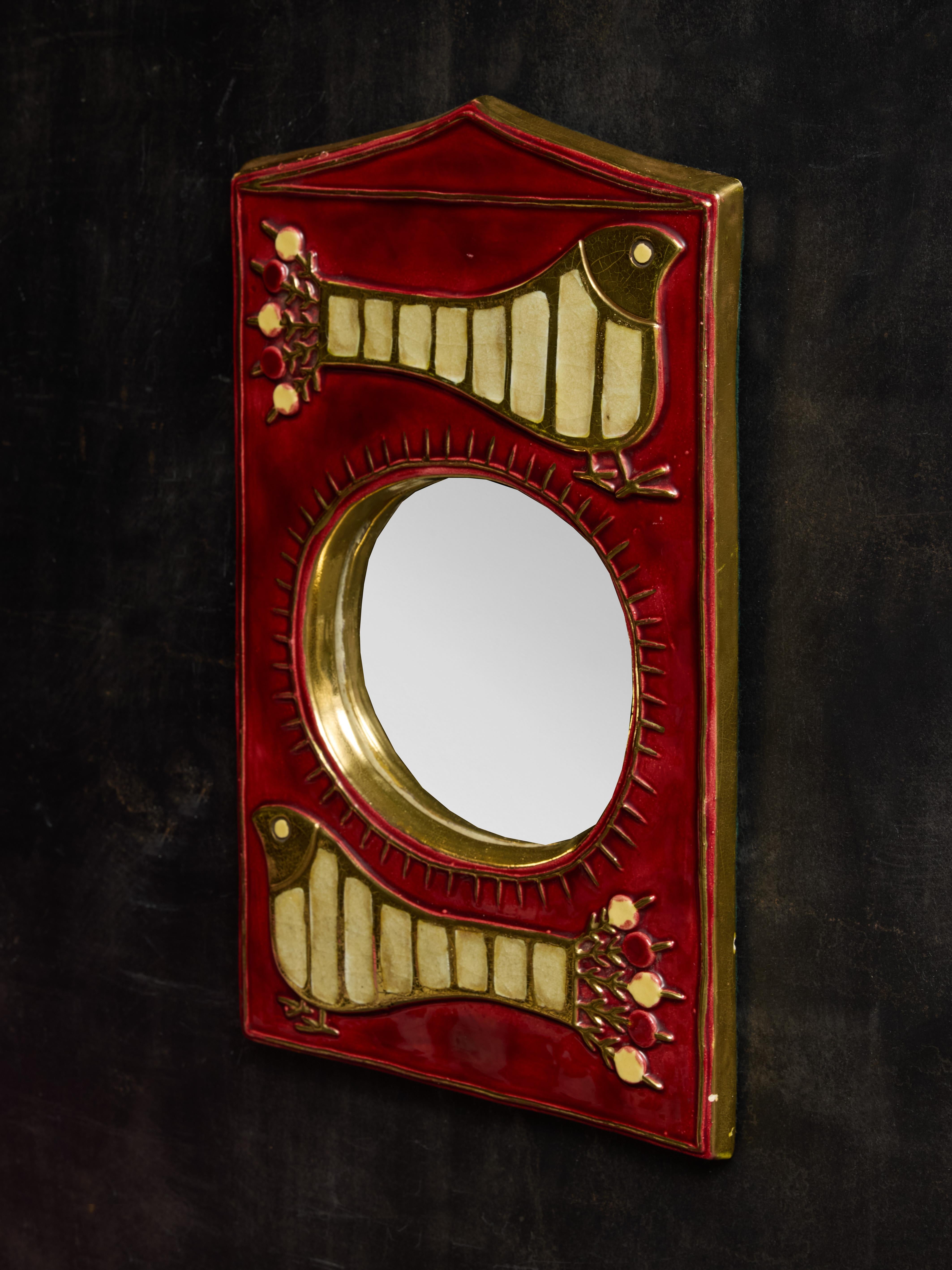 Mid-Century Modern Mithe Espelt Red Ceramic and Birds Decor Mirror For Sale