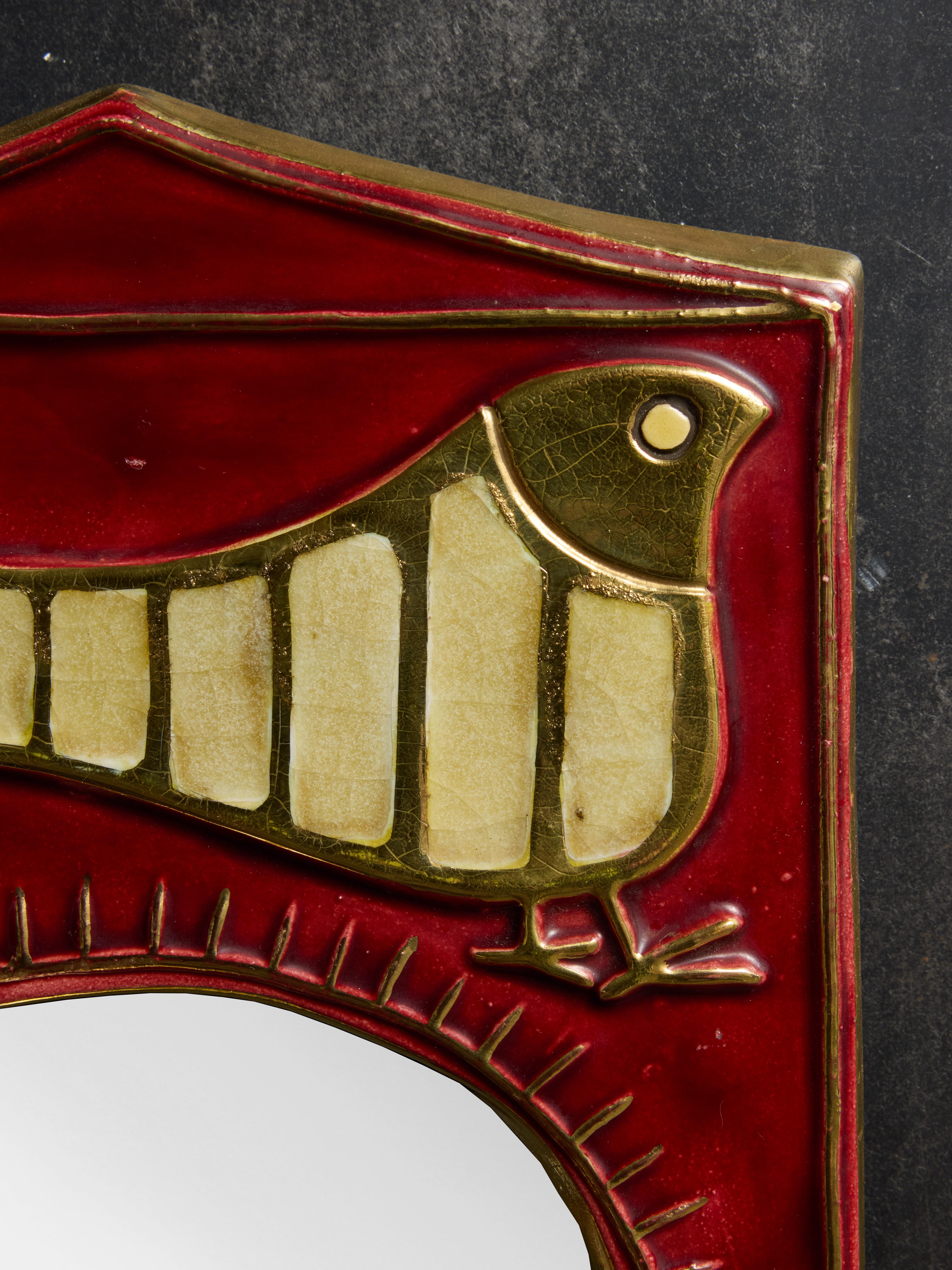Mithe Espelt Red Ceramic and Birds Decor Mirror In Good Condition For Sale In Saint-Ouen, IDF