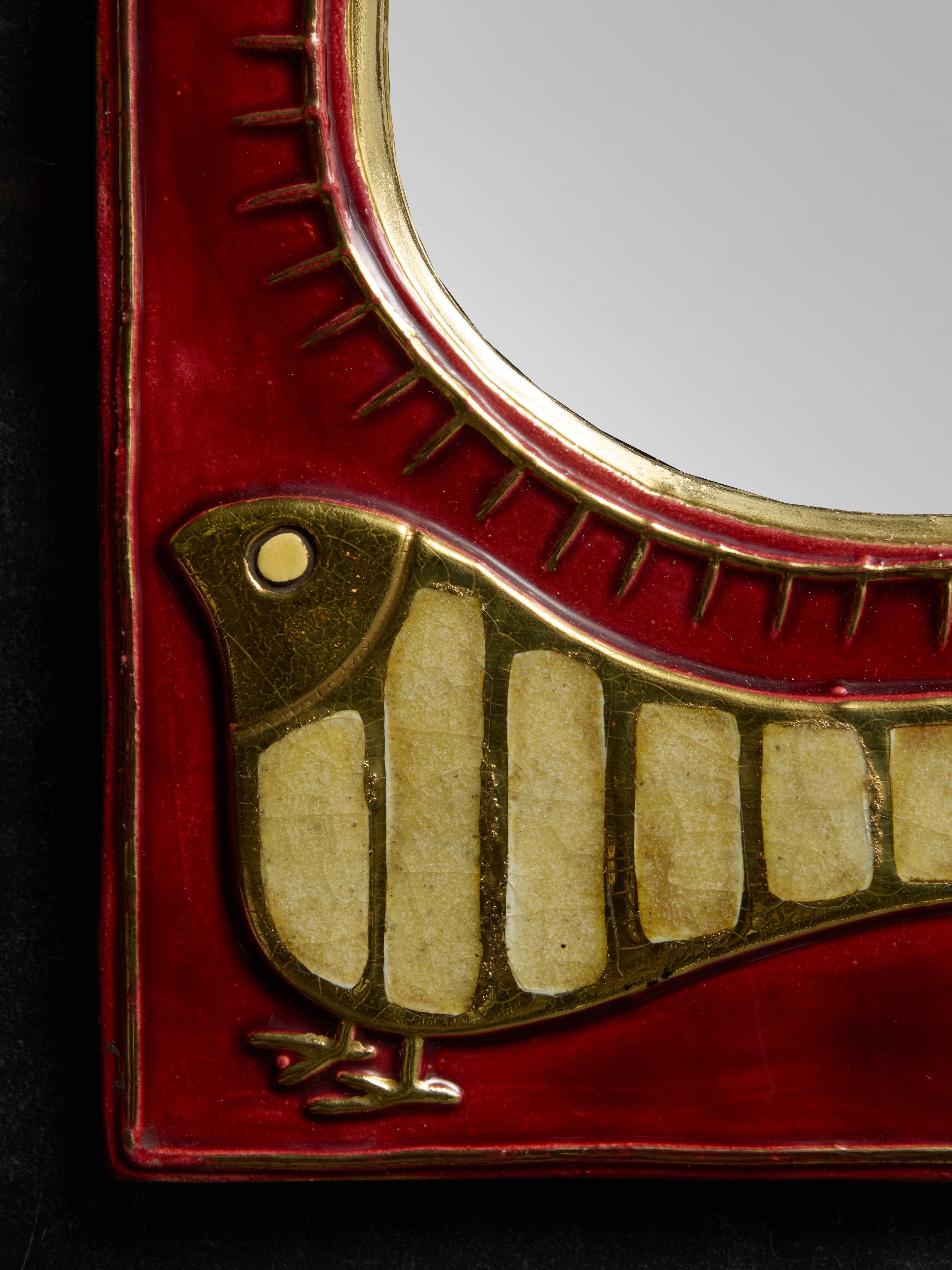 Mid-20th Century Mithe Espelt Red Ceramic and Birds Decor Mirror For Sale