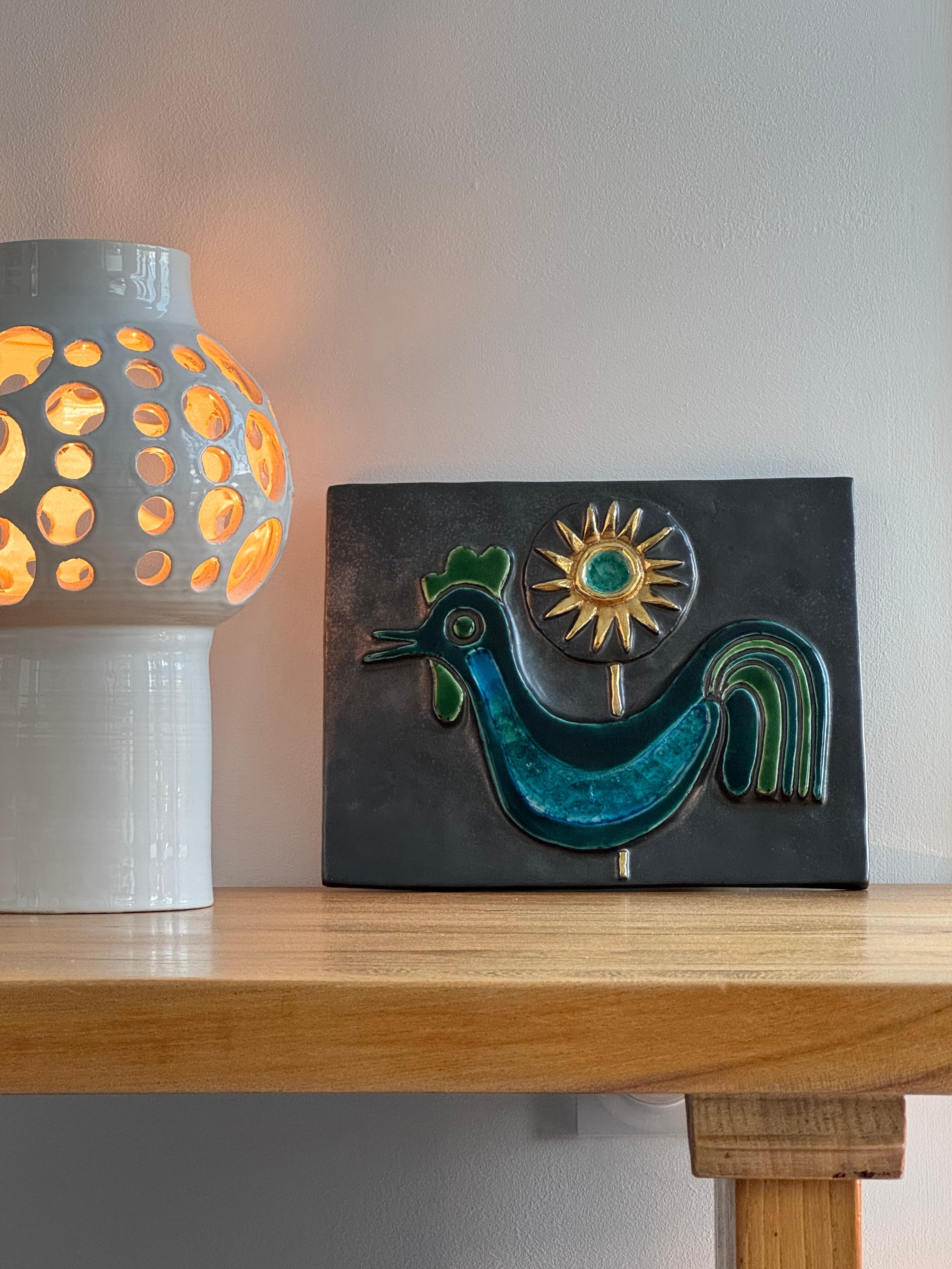 MITHE ESPELT, Unique sculpted ceramic panel, bird & sun decor, France c. 1960s For Sale 9