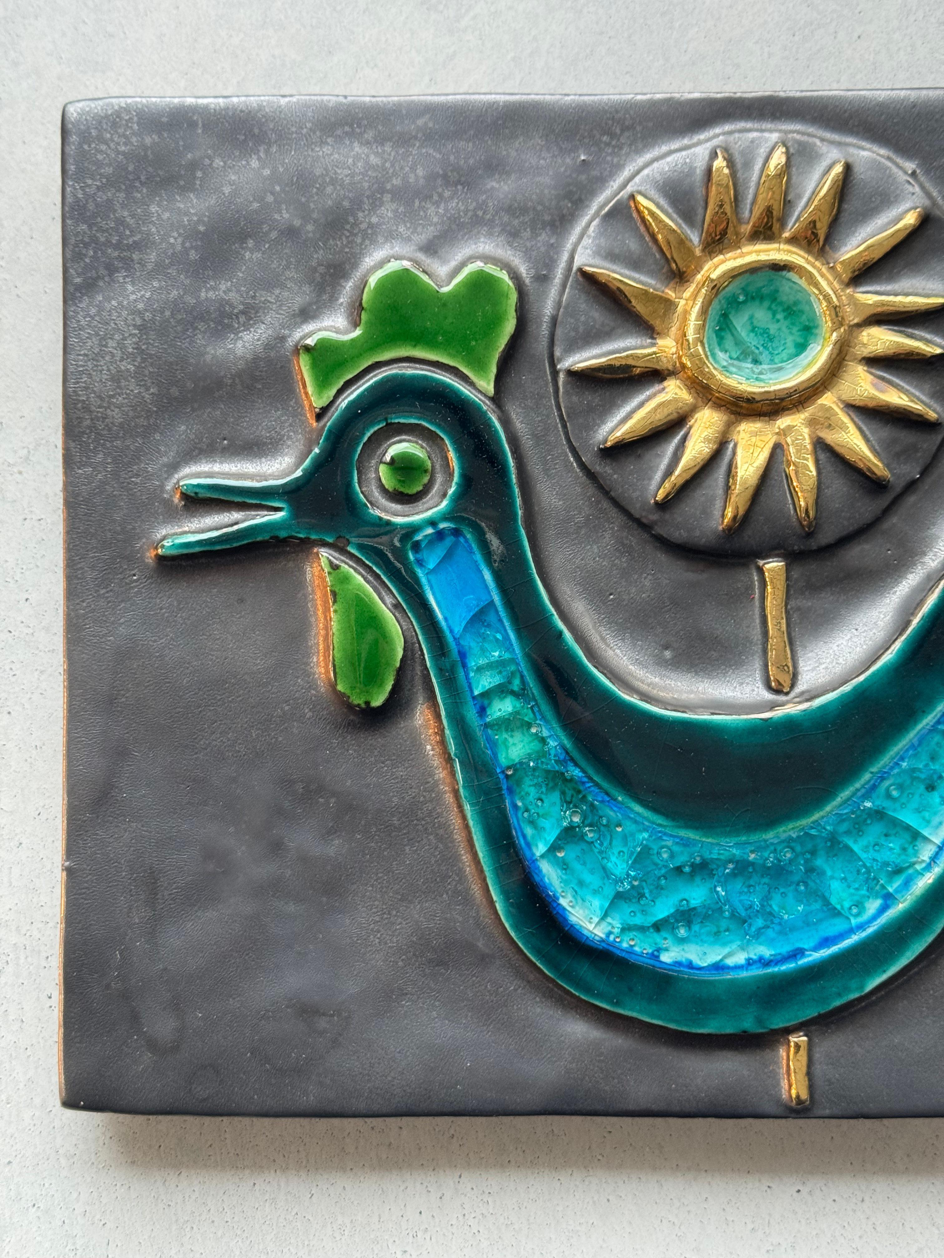 French Provincial MITHE ESPELT, Unique sculpted ceramic panel, bird & sun decor, France c. 1960s For Sale