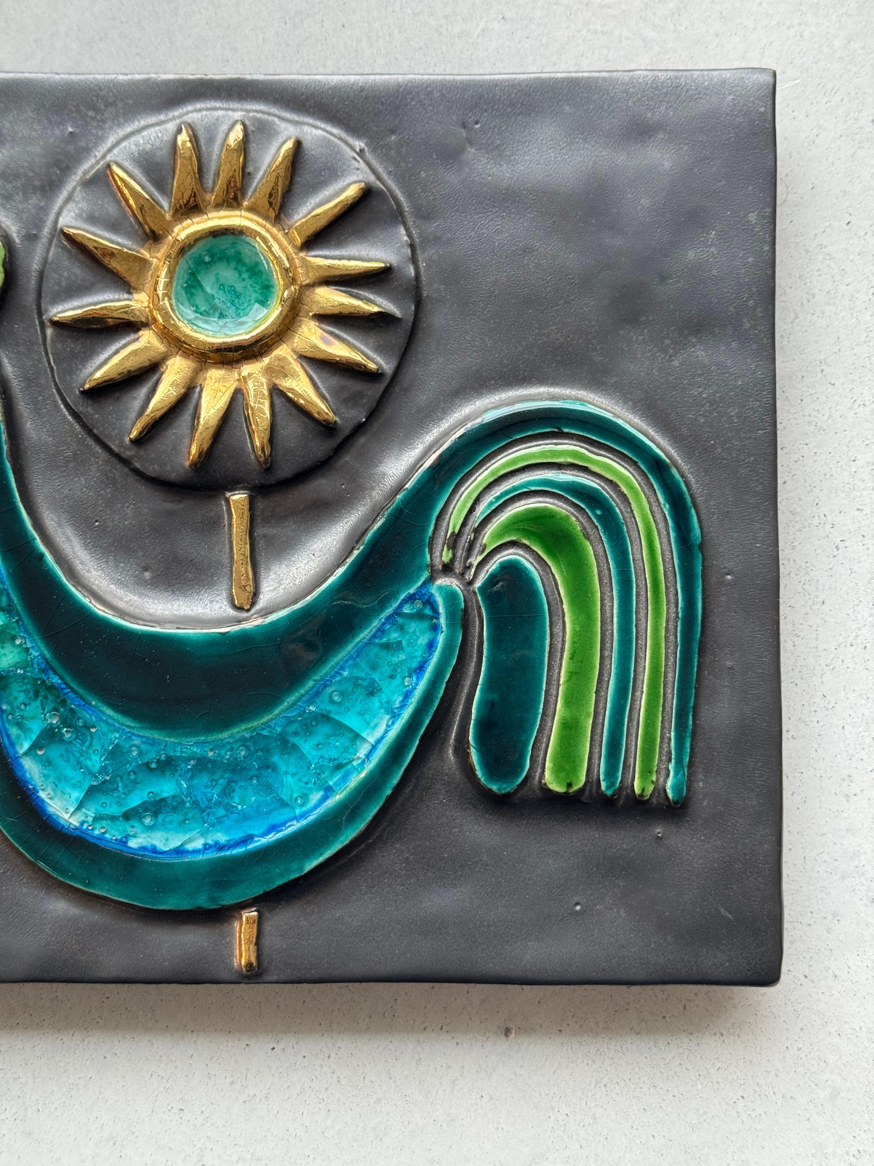 French MITHE ESPELT, Unique sculpted ceramic panel, bird & sun decor, France c. 1960s For Sale