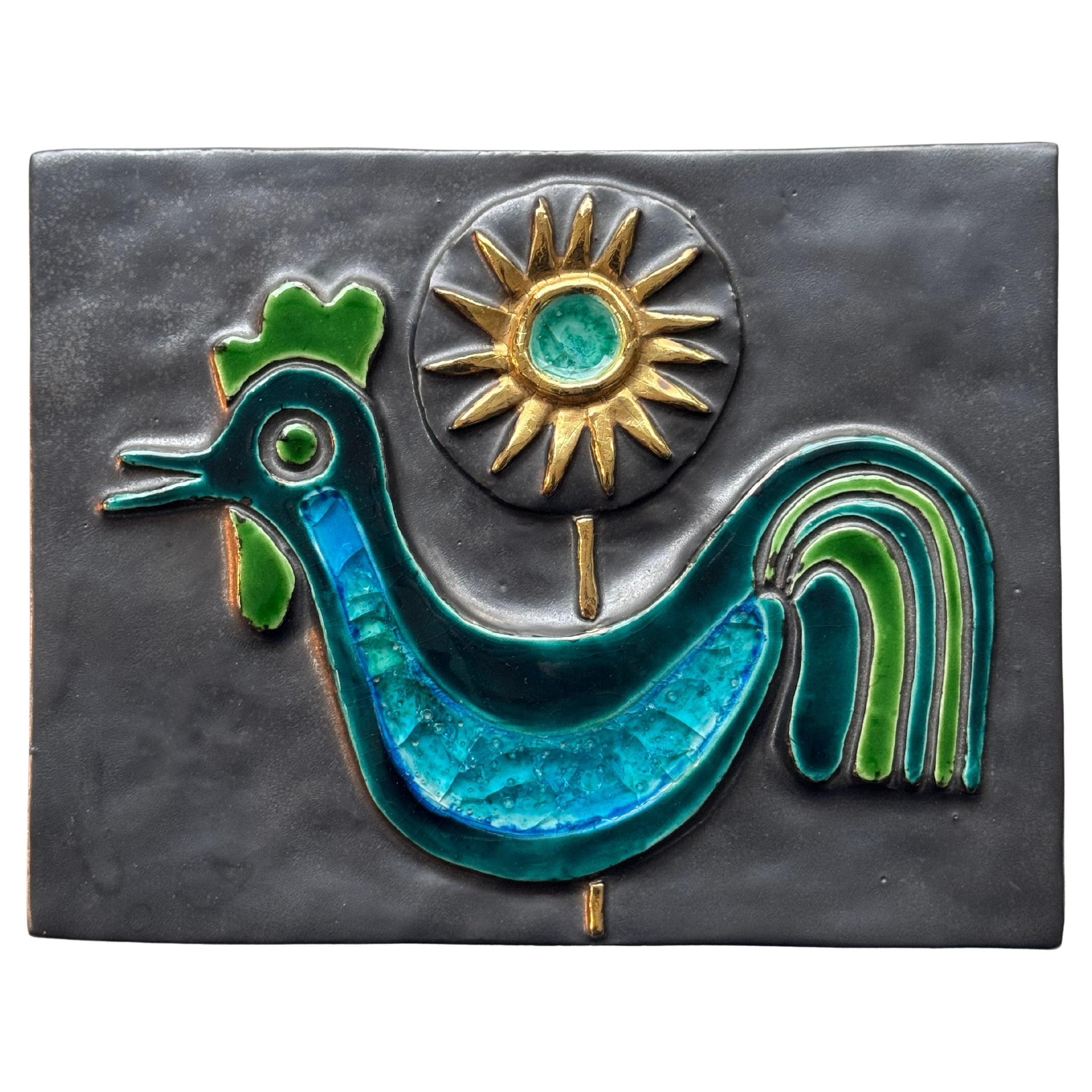 MITHE ESPELT, Unique sculpted ceramic panel, bird & sun decor, France c. 1960s