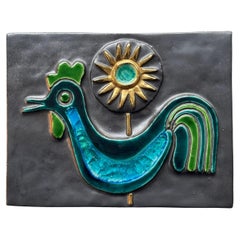 MITHE ESPELT, Unique sculpted ceramic panel, bird & sun decor, France c. 1960s