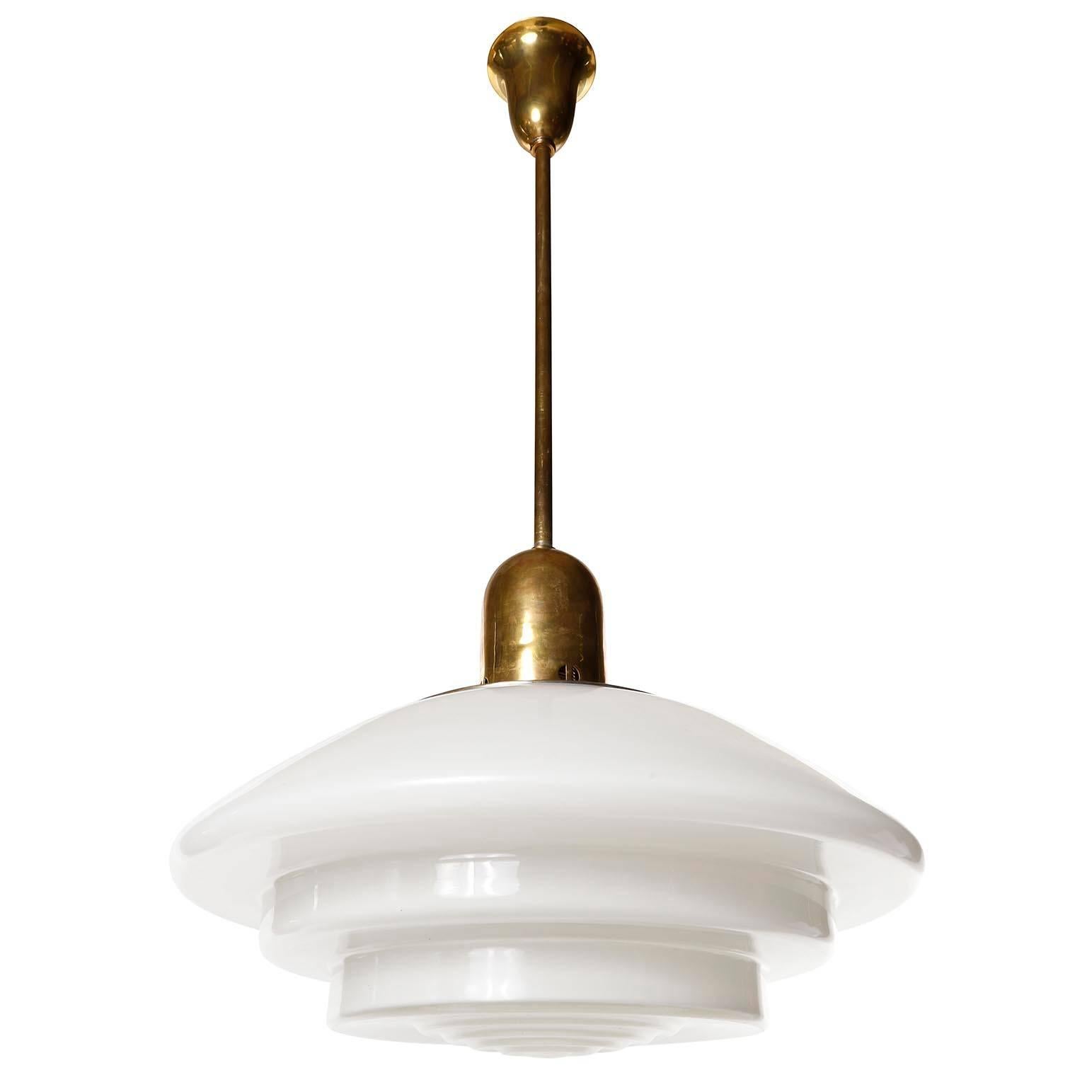 Mithras Pendant Light, Opal Glass Brass, August Walther Und Söhne, Bauhaus, 1935 In Good Condition In Hausmannstätten, AT