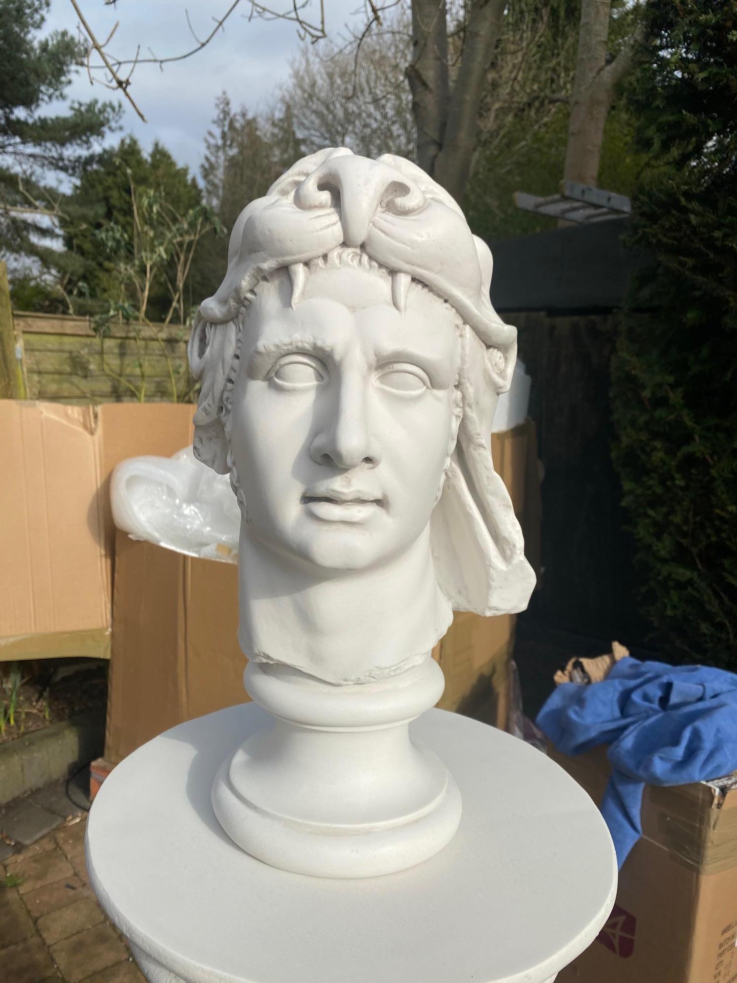 Un sorprendente busto in marmo di Mitridate, il leggendario re del Ponto, rinomato per la sua resilienza e genialità strategica. Questa scultura del XX secolo cattura la forza e la presenza regale dell'antico sovrano, con tratti del viso finemente