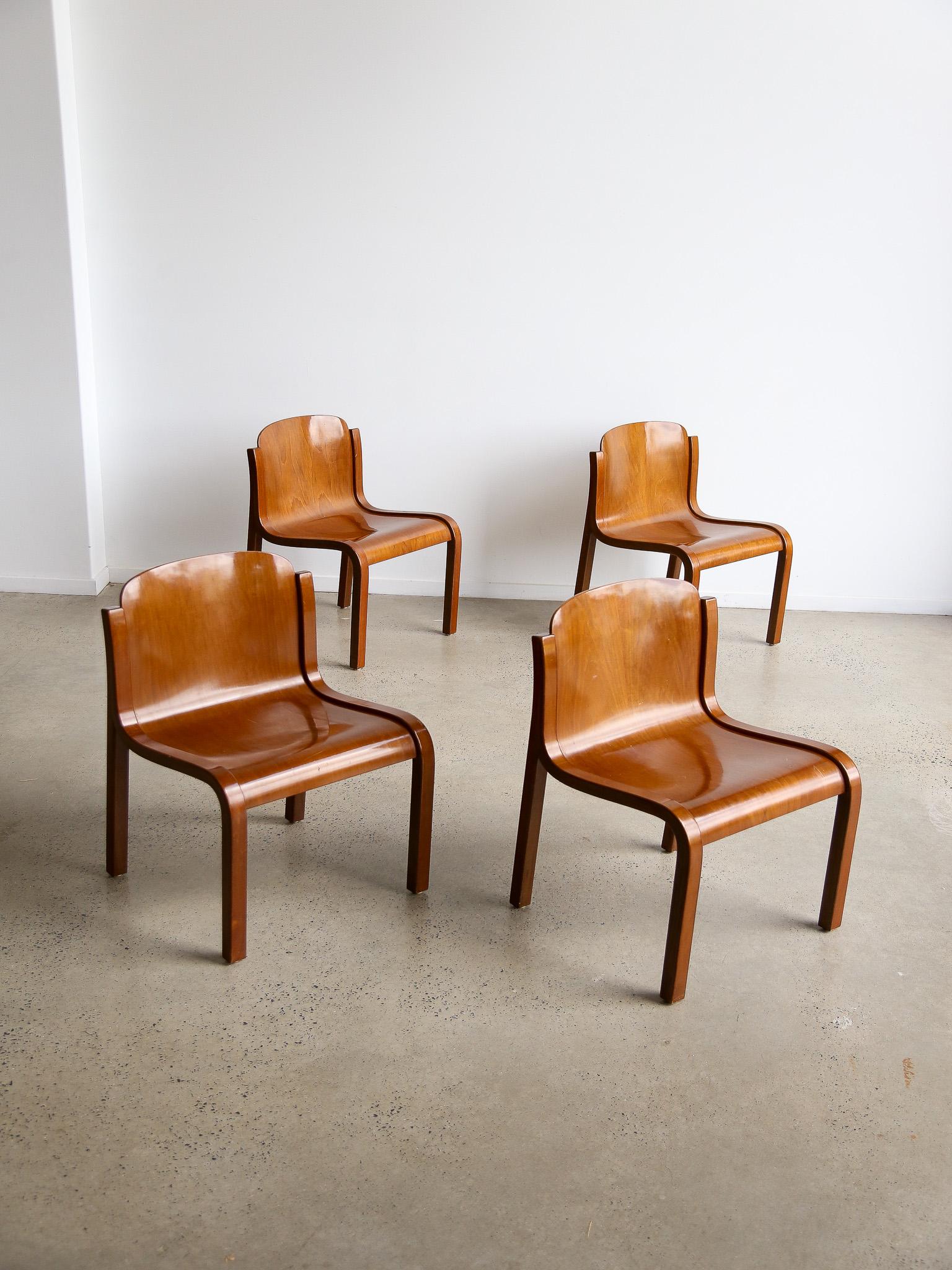 Mid Century Modern set of four Mito chairs by Carlo Bartoli for Tisettanta. These chairs are extremely light weight and made from one bent plywood sheet with beech frame.  

Carlo Bartoli (1931–2018) was an Italian designer known for his