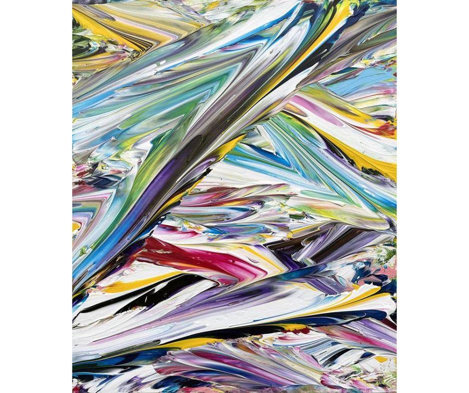 "Canfora" (2024) di Mitsumasa Kadota è un dipinto dinamico ed espressivo che racchiude la continua esplorazione dell'artista sul movimento, la consistenza e la trasformazione organica. Eseguita con acrilico e carborundum su cotone, questa
