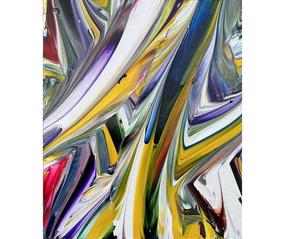 L'opera "Last" (2023) di Mitsumasa Kadota è una composizione vibrante e dinamica che esemplifica la sua caratteristica esplorazione del movimento, della texture e del gioco di colori. Realizzato con acrilico e carborundum su cotone, questo dipinto