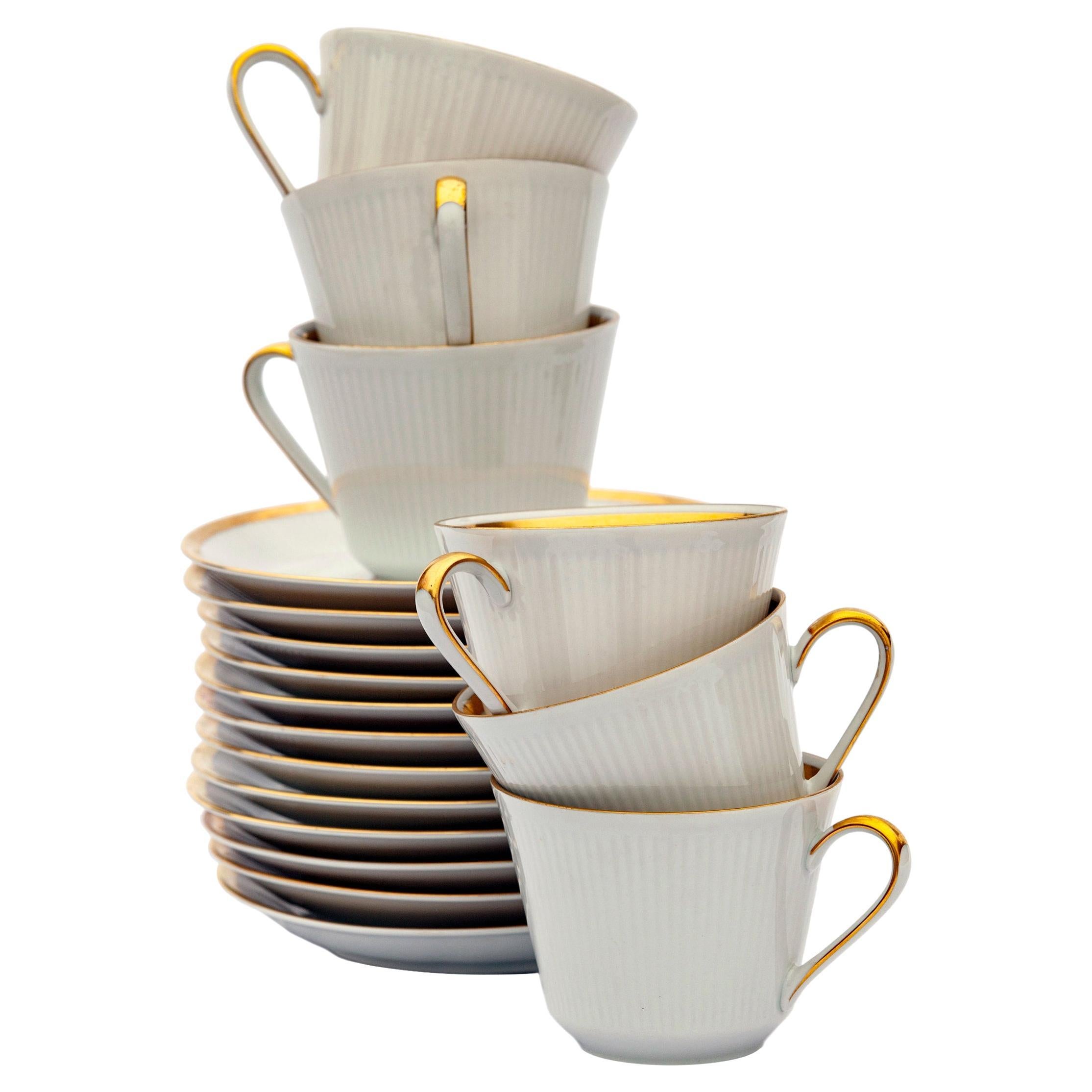 Mitterteich Eternal White/Gold Bavarian Teacups & Saucers; Set of 6 For Sale