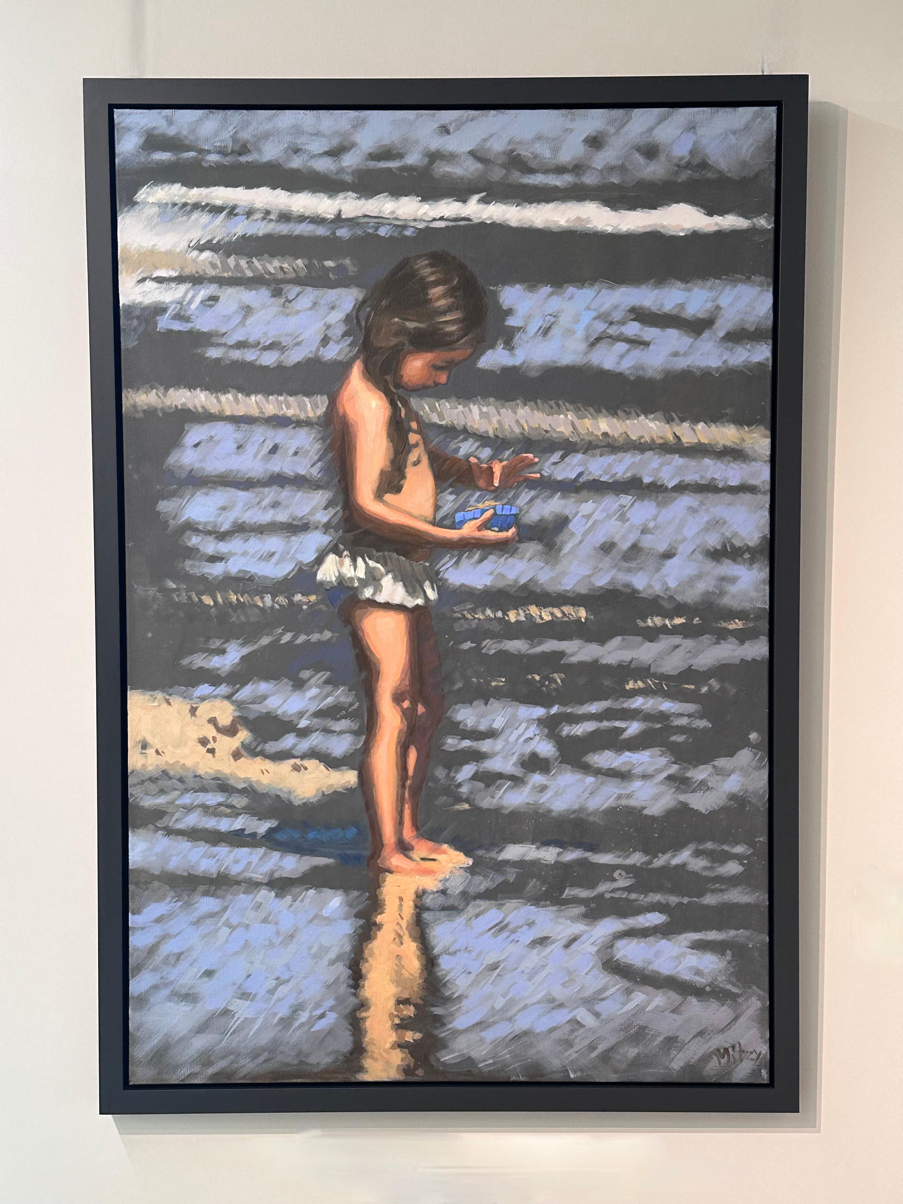 A Small World- 21st Century Contemporary Painting a small girl on the beach For Sale 1