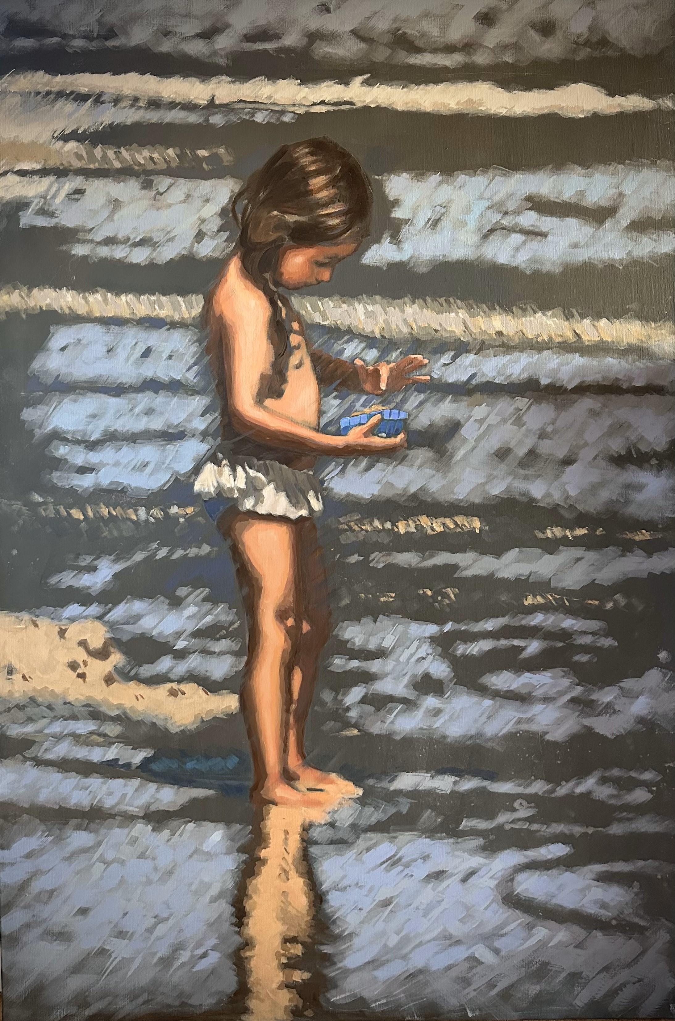 A Small World- 21st Century Contemporary Painting ein kleines Mädchen am Strand