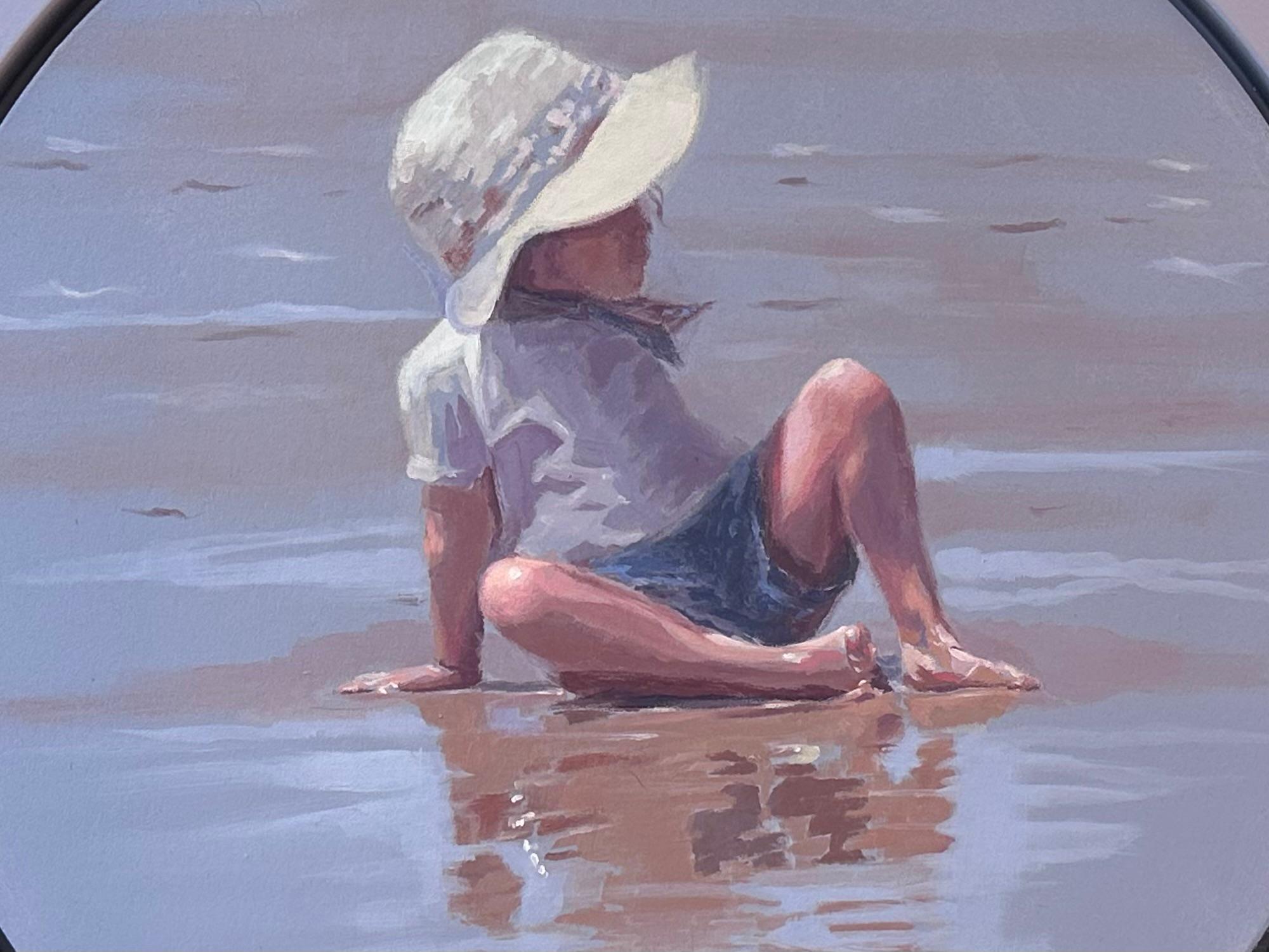 Hanging- A- Round- 21st Century Contemporary Painting of a girl on the beach For Sale 1