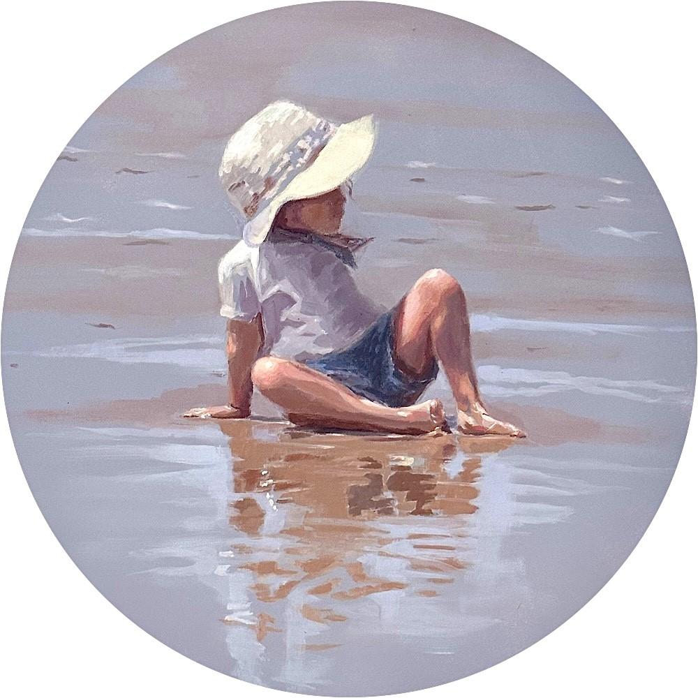 Mitzy Renooy Figurative Painting - Hanging- A- Round- 21st Century Contemporary Painting of a girl on the beach