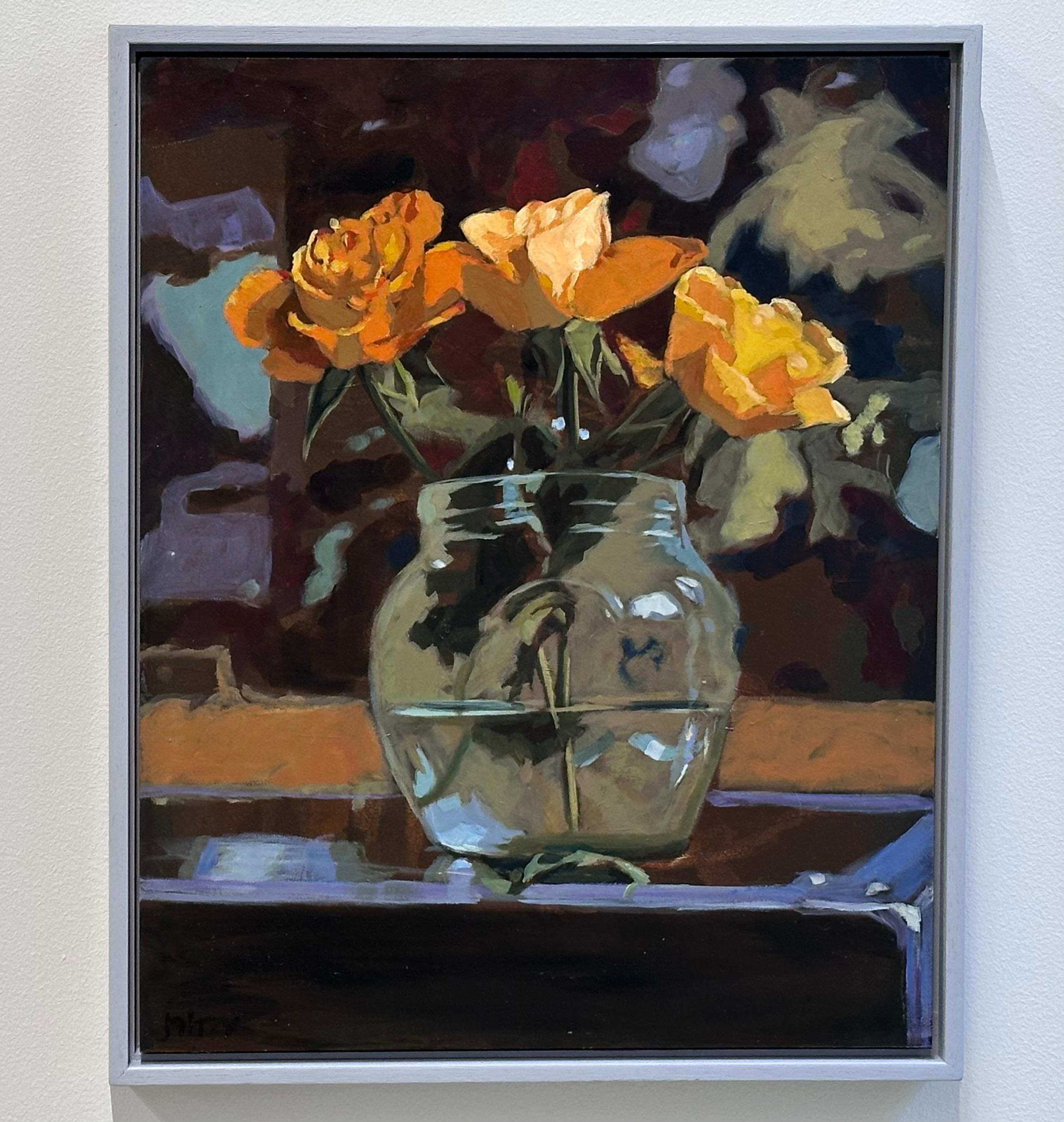 Orange Roses- 21st Century flower painting with yellow roses For Sale 1