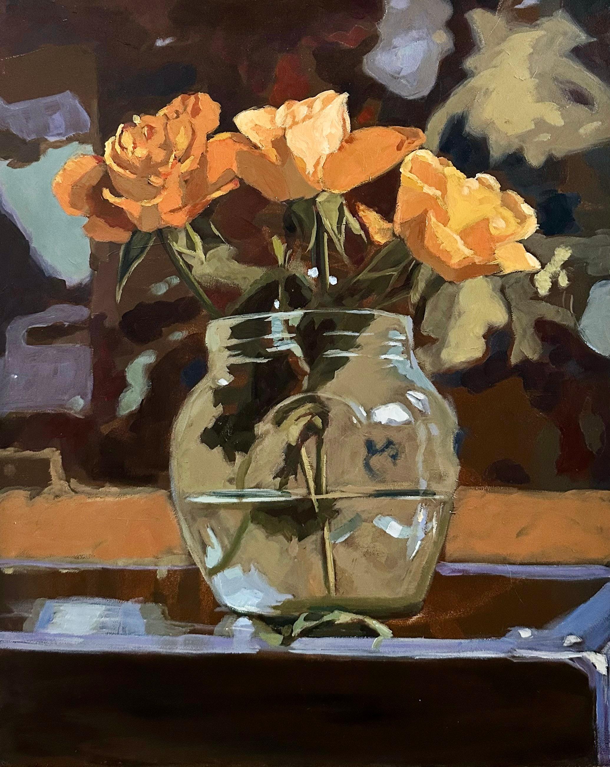 Roses orange avec peinture de fleurs jaunes du 21e siècle